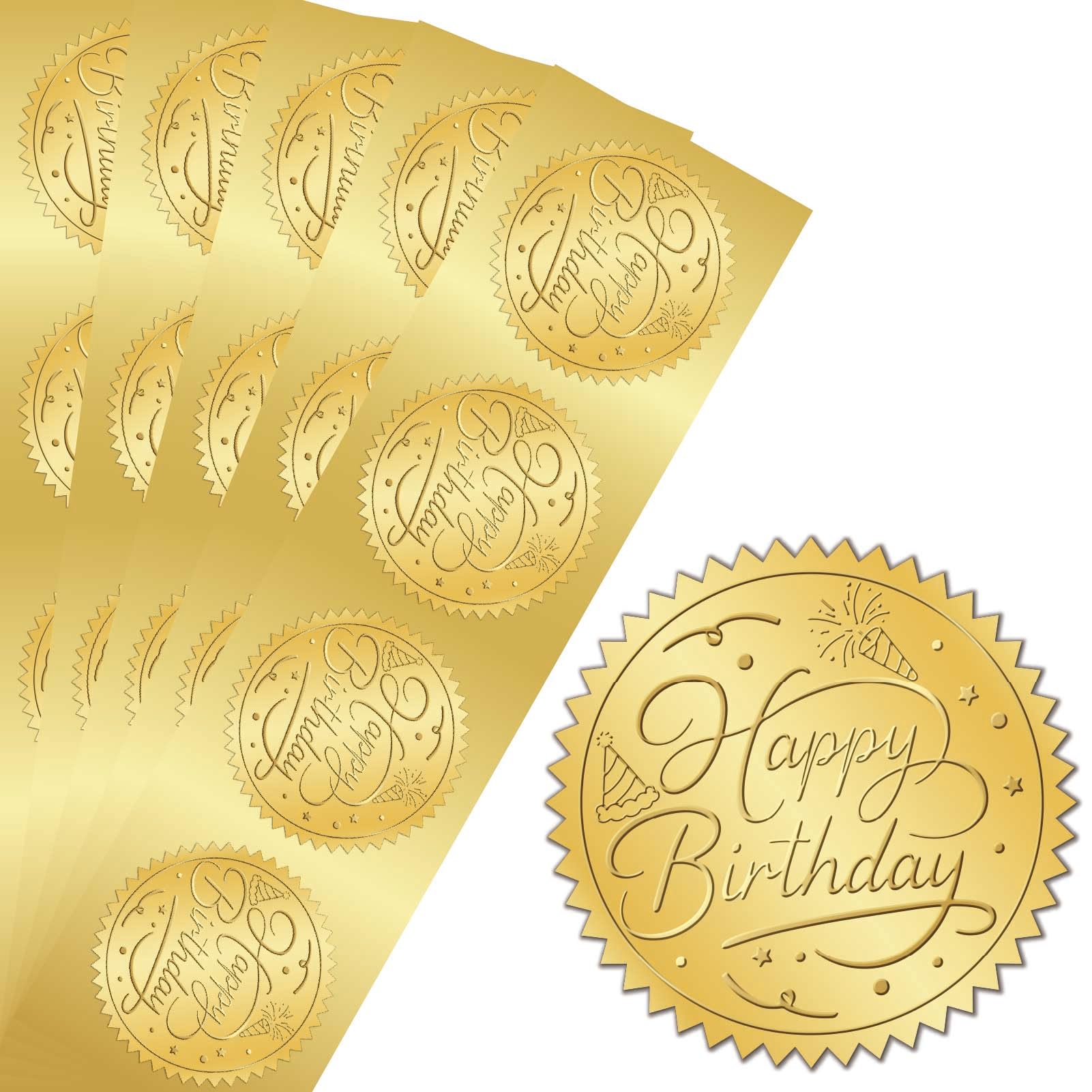 PRESSINART 100Pcs 2 Inch Happy Birthday Gold Foil Stickers Embossed Gold Foil Seal Round Self Adhesive Embossing Medal Decoration for Envelopes Certificates Wedding Party Invitations Greeting Card
