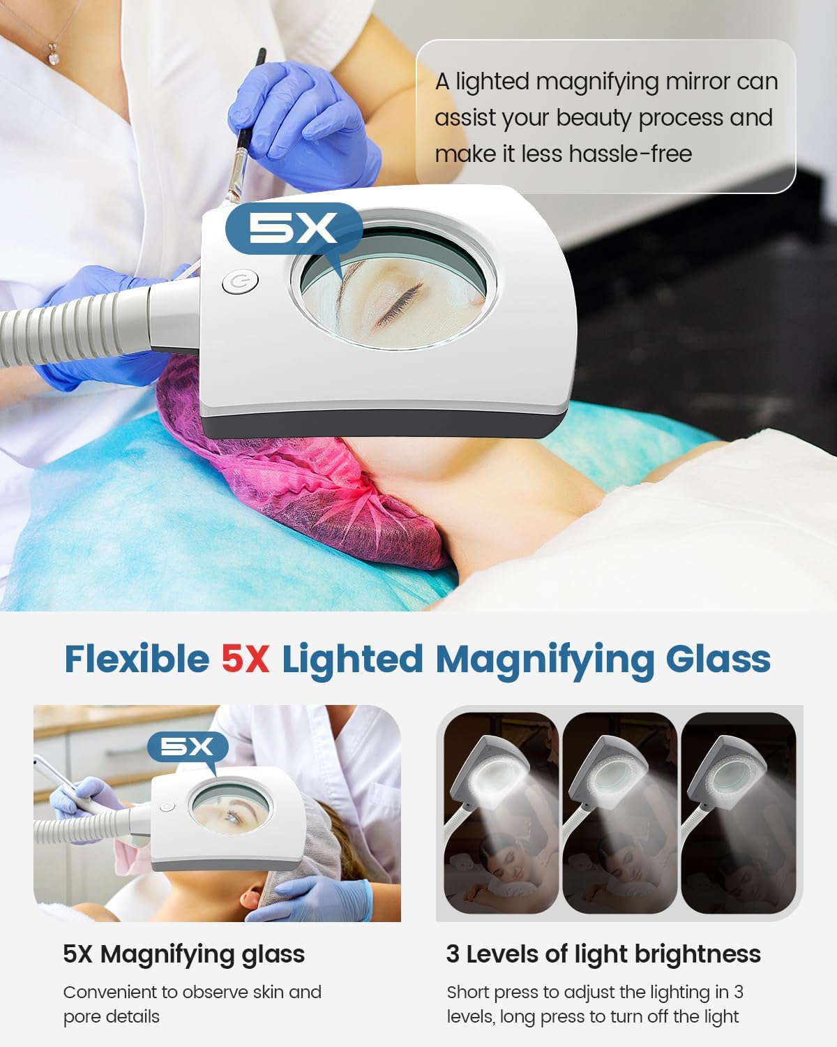 Kingsteam Professional 2-in-1 Facial Steamer with 5X Magnifying Lamp, Salon Grade Hot Mist Esthetician Device, Adjustable Timer, 2 Steam Levels, 3-Level LED Light, White - Image 3