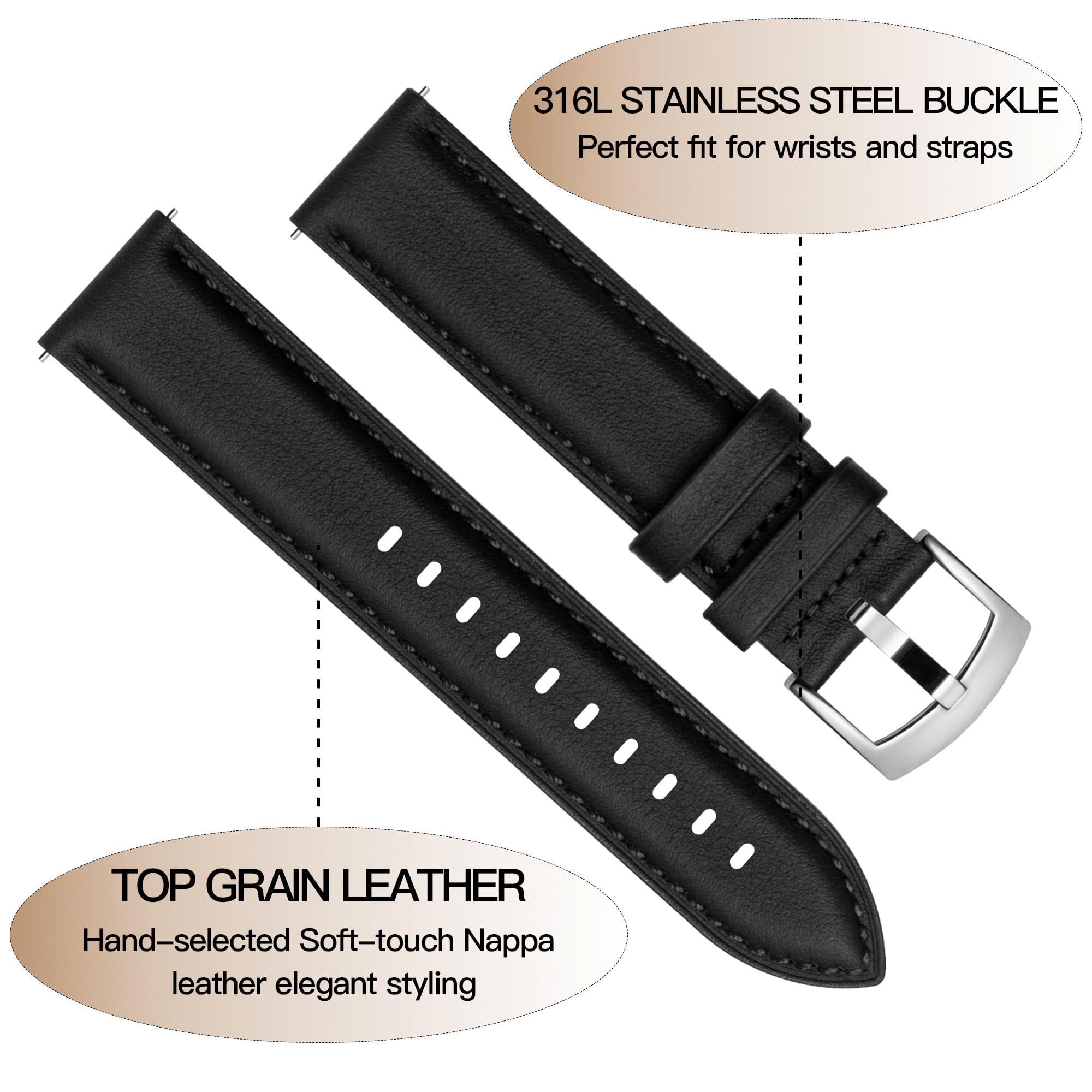 Correa de Reloj de Cuero de Liberación Rápida 18mm 19mm 20mm 21mm 22mm, Suave Nappa Cuero Genuino Becerro Correas Repuesto para Hombre Mujer, Reloj y Smartwatch