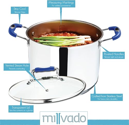 Olla de acero inoxidable de 8.4 cuartos de galón, olla con tapa de vidrio transparente, orificio de vapor, marcas de medición permanentes, olla de