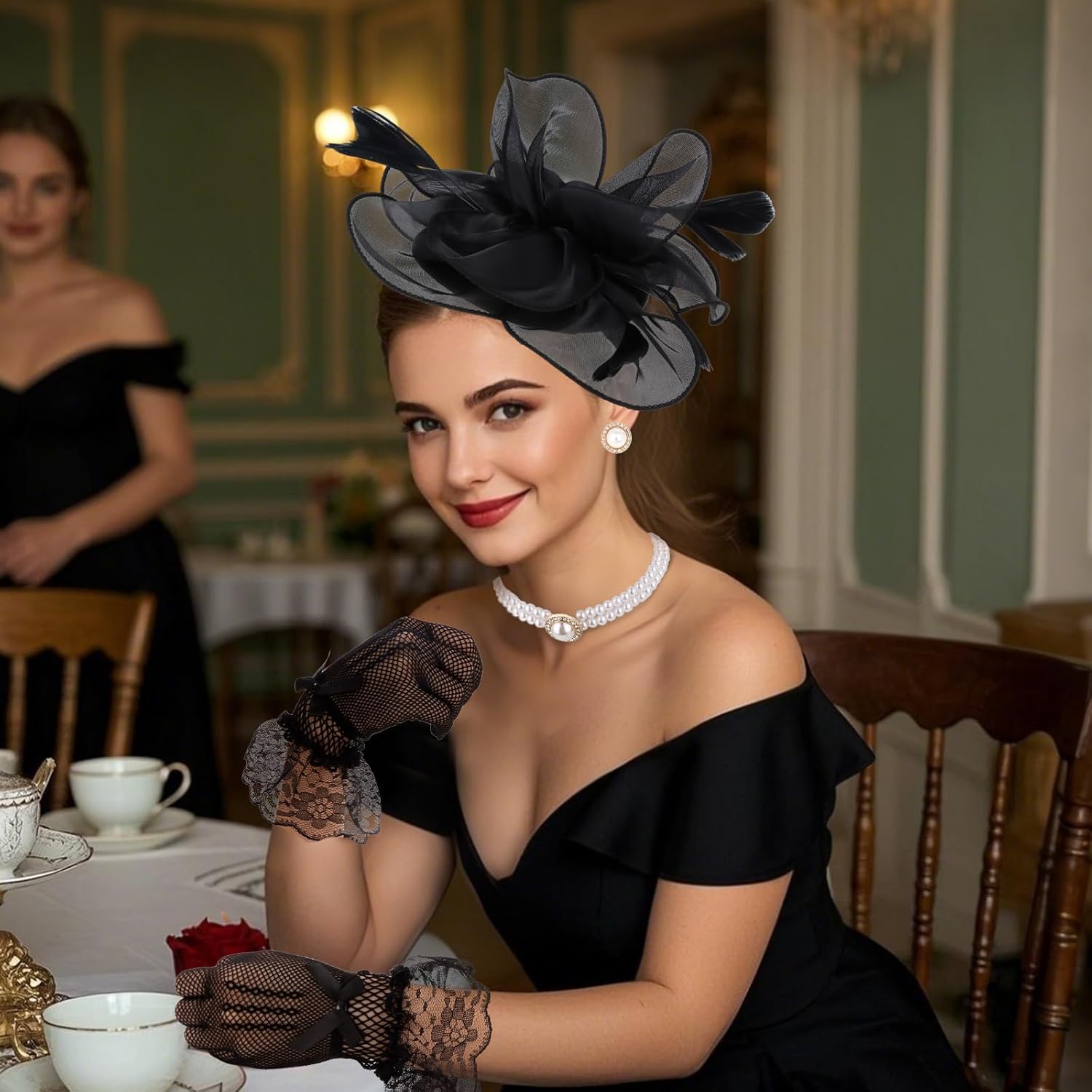 CURASA 4PCS Fascinators Hat for Women Flower Tea Party with Lace Gloves Pearl Necklace Earrings Feather Derby Hat - Image 5
