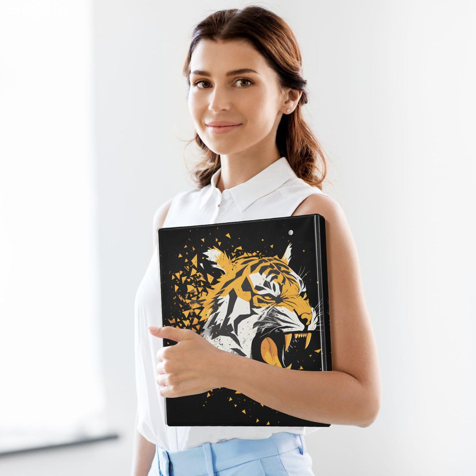 Confezione da 2 raccoglitori a 3 anelli, motivo tigre arrabbiata, 3,8 cm, con 3 tasche trasparenti, portablocco e contiene 200 fogli, per ufficio, scuola, organizzazione domestica