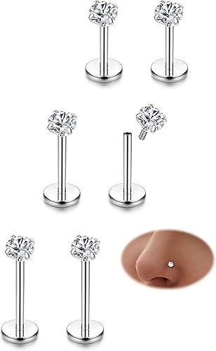 FIBO STEEL 316L 2-6pcs Stainless Steel 16G 3mm CZ Inlaid Lip Rings Labret Monroe Nose Studs Helix Earring Piercing 6mm 8mm 10mm Bar Length Available