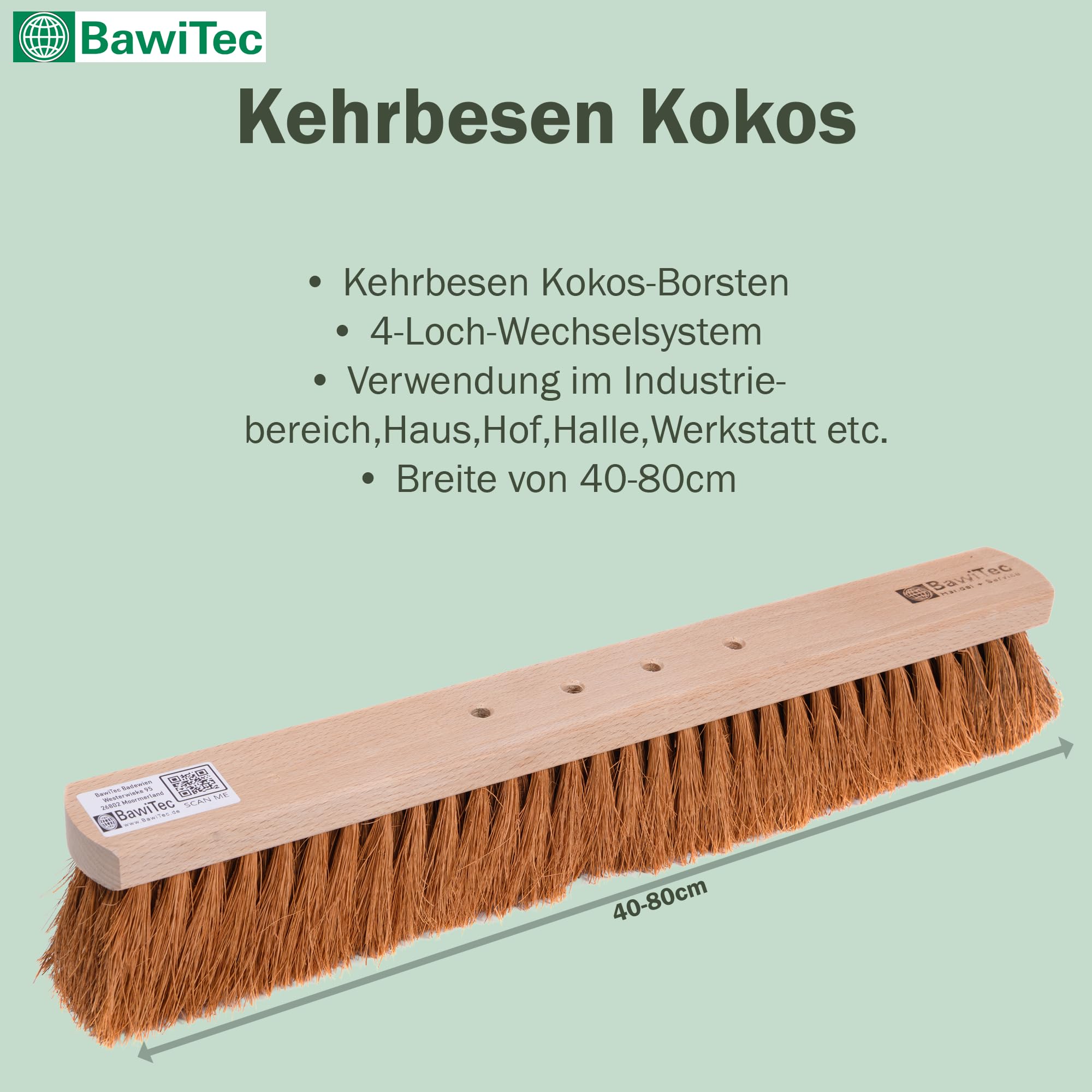 Kokos Borsten Saalbesen 50cm Breit mit 4-Loch-System Stiel Alustiel Besen