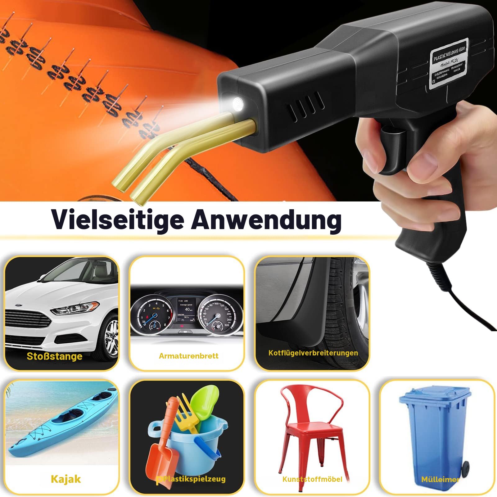 220W Kunststoff Schweißgerät 2 in 1 Stoßstangen Reparatur Set mit 800PCS Hot Hefter, 2 Thermische Glättköpfe, 40PCS Schweißstäbe, Auto Reparaturset (Schwarz)