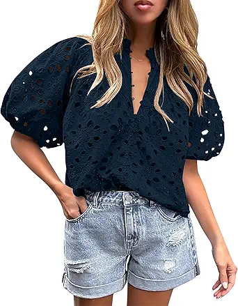 BETTE BOUTIK Women's Long Short Sleeve Tops 2025 Dressy Casual Button Hollow Out Lace Embroidered Blouses Shirts