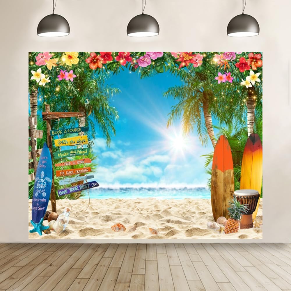 Beach Hawaiian Backdrop 10x8ft Summer Tropical Palm Tree Ocean Sea Seaside Surfboard Surf Party Photography Background Luau Aloha Hawaii Beach Theme Party Decorations Banner Photoshoot Supplies