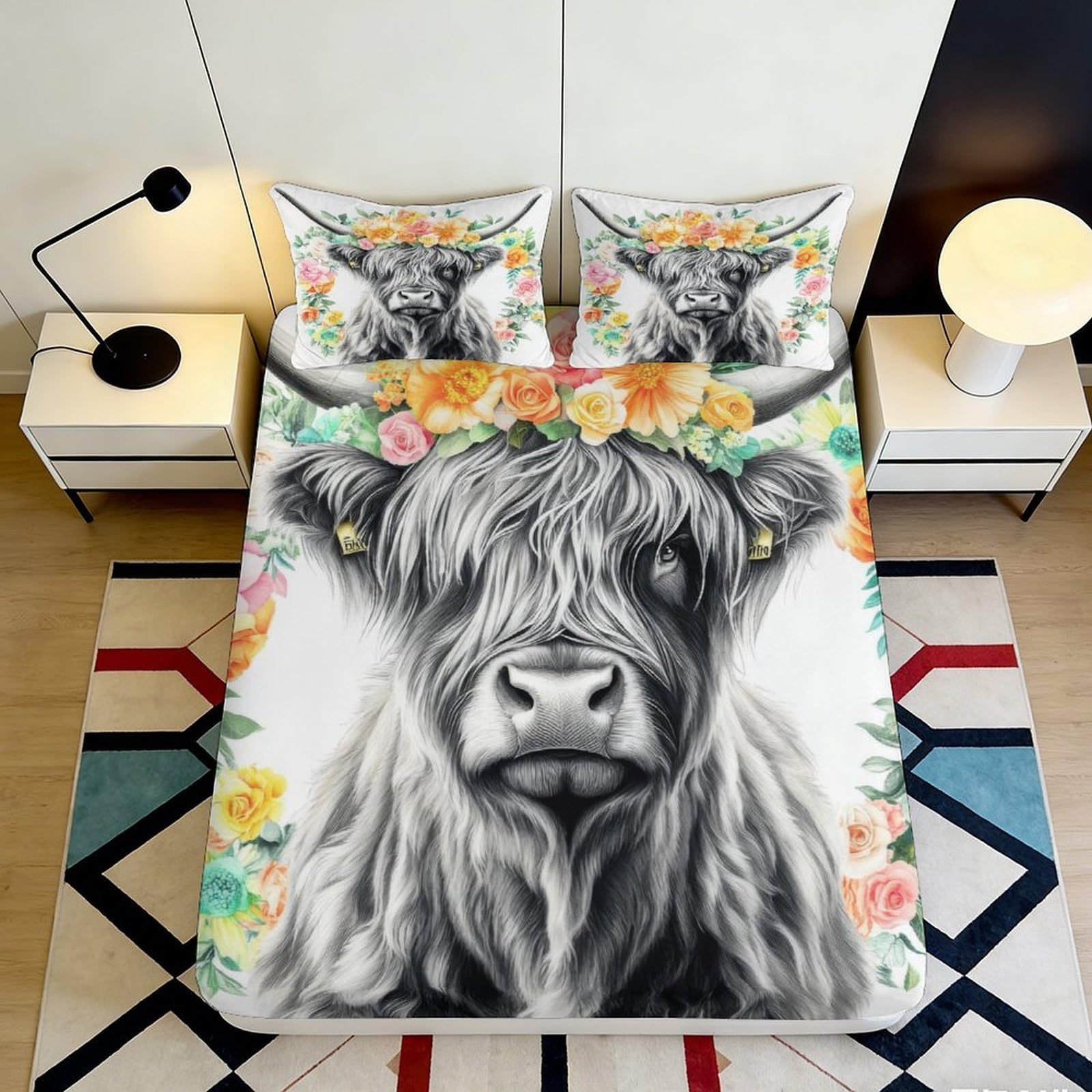 Pnayamiorkfel Style-10 3D Printed Highland Cow Floral Fitted Sheet Microfiber Soft Bed Cover For Bedroom Guest Room Dorm Decor Protection 90X200x25cm