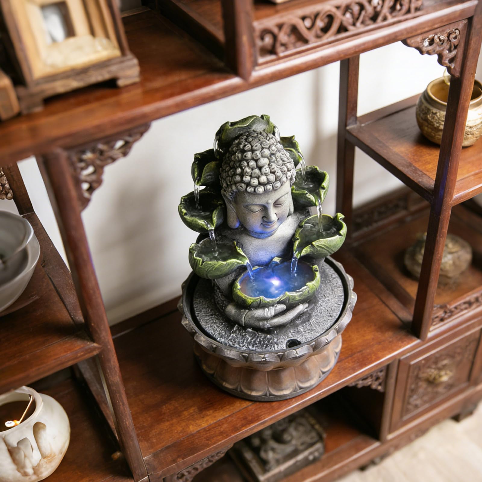 Fontaine d'intérieur avec éclairage RGB, fontaine de table Bouddha Fengshui, méditation, décoration intérieure relaxante pour beaucoup de chance, idéale comme cadeau