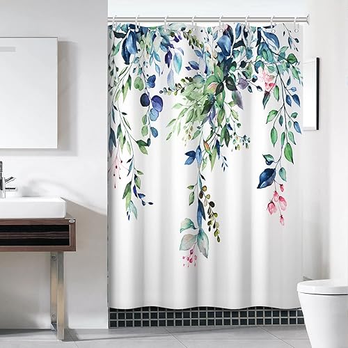 Miniatura 53 de Cortina de ducha verde salvia con eucalipto, cortina de ducha de tela impermeable con hojas de planta de primavera, cortina de ducha acuarela verde