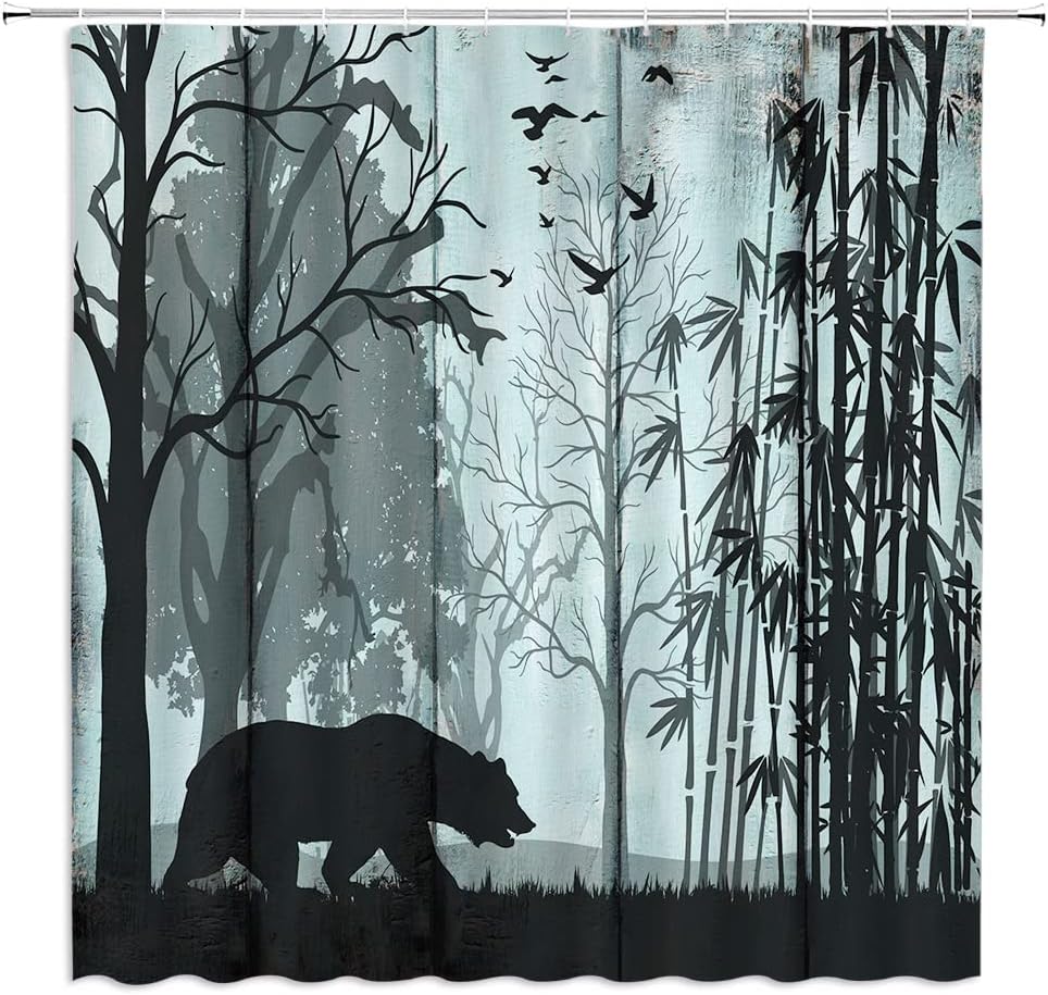 Black Bear Shower Curtain Rustic Cabin Lodge Wild Animal Bear Tree Forest Bird Silhouette Camping Farmhouse Hunting Wildlife Safari Country Style Vintage Bathroom Decor Fabric Curtain with Hooks