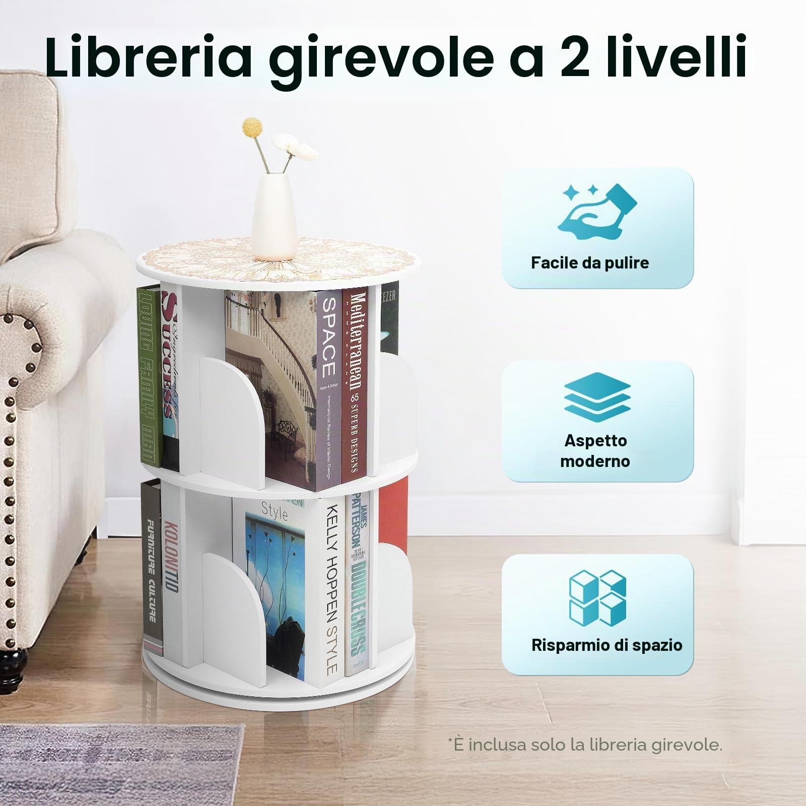 Libreria girevole a 2 livelli, scaffale girevole a 360 gradi, per soggiorno, camera da letto, ufficio, cameretta dei bambini, bianco