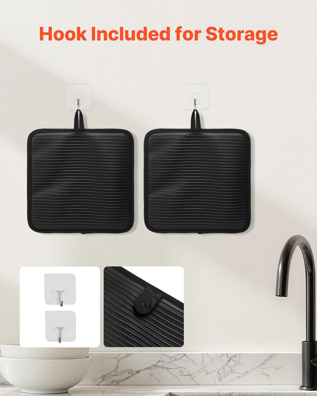 VEVOR Pot Holders, Heat Resistant to 500°F with Ribbed Soft Anti-Slip Silicone Strips, 100% Cotton 9.06 x 8.98 inch Hot Pads with 2 No-Marks Hooks, Washable Pot Trivets for Kitchen & Barbeque, 2 Pack - Image 4