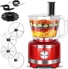 Homtone Processador de alimentos grande para 16 xícaras, 9 funções, 3 velocidades para desfiar, fatiar, fazer batatas fritas, cortar carne, amassar massa e emulsificar, vermelho