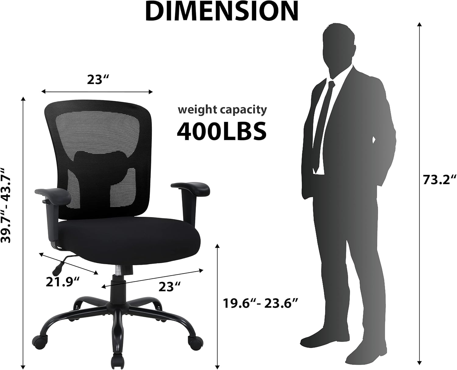 Big and Tall Ergonomic Mesh Office Chair - 400 Lbs Capacity, Thick Seat, Lumbar Support, Adjustable Armrests, Black