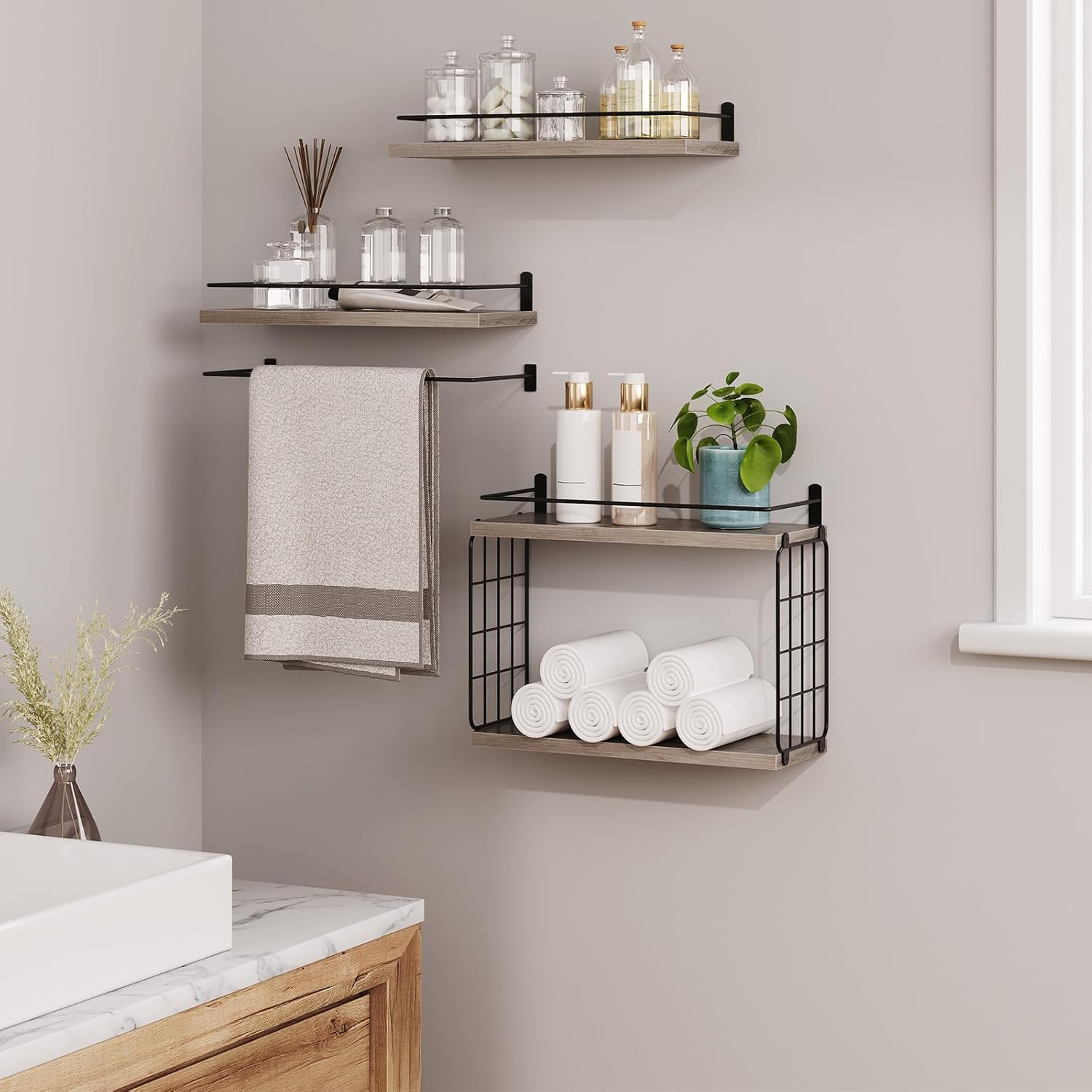Amazon.com: HOOBRO 4+1 Tier Floating Shelves, Bathroom Shelves Over Toilet with Wire Storage ...