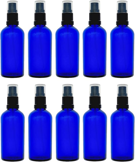 Avalon 100ml Blue Glass Bottles with Black Atomiser Spray ~ Pack of 10 ~ Refillable, Reusable, and Travel Sized ~ Perfect for Aromatherapy, Perfumes, Essential Oils, Aftershaves, and More
