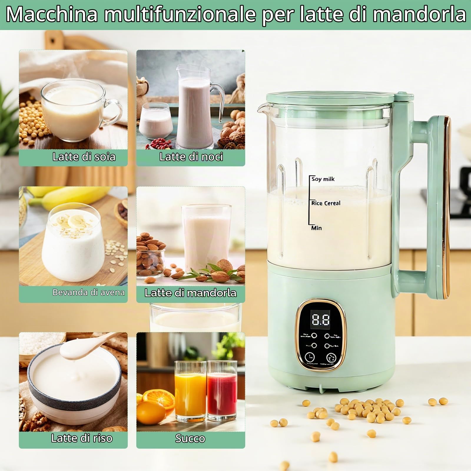 Macchina latte di soia 800 ml, preparatore latte vegetale, testa macinazione inox 20 lame, programmi intelligenti, sicurezza bambini, spegnimento automatico, mantenimento caldo, autopulizia