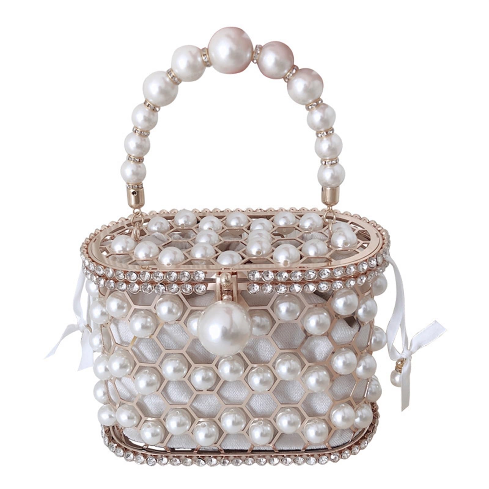 Borse Serali per Donna Borsa a Mano e Portamonete di Perle for Donna Borsa a Mano for Festa di Nozze Traforata Borsa da Sera con Manico in Metallo e Strass(Black)
