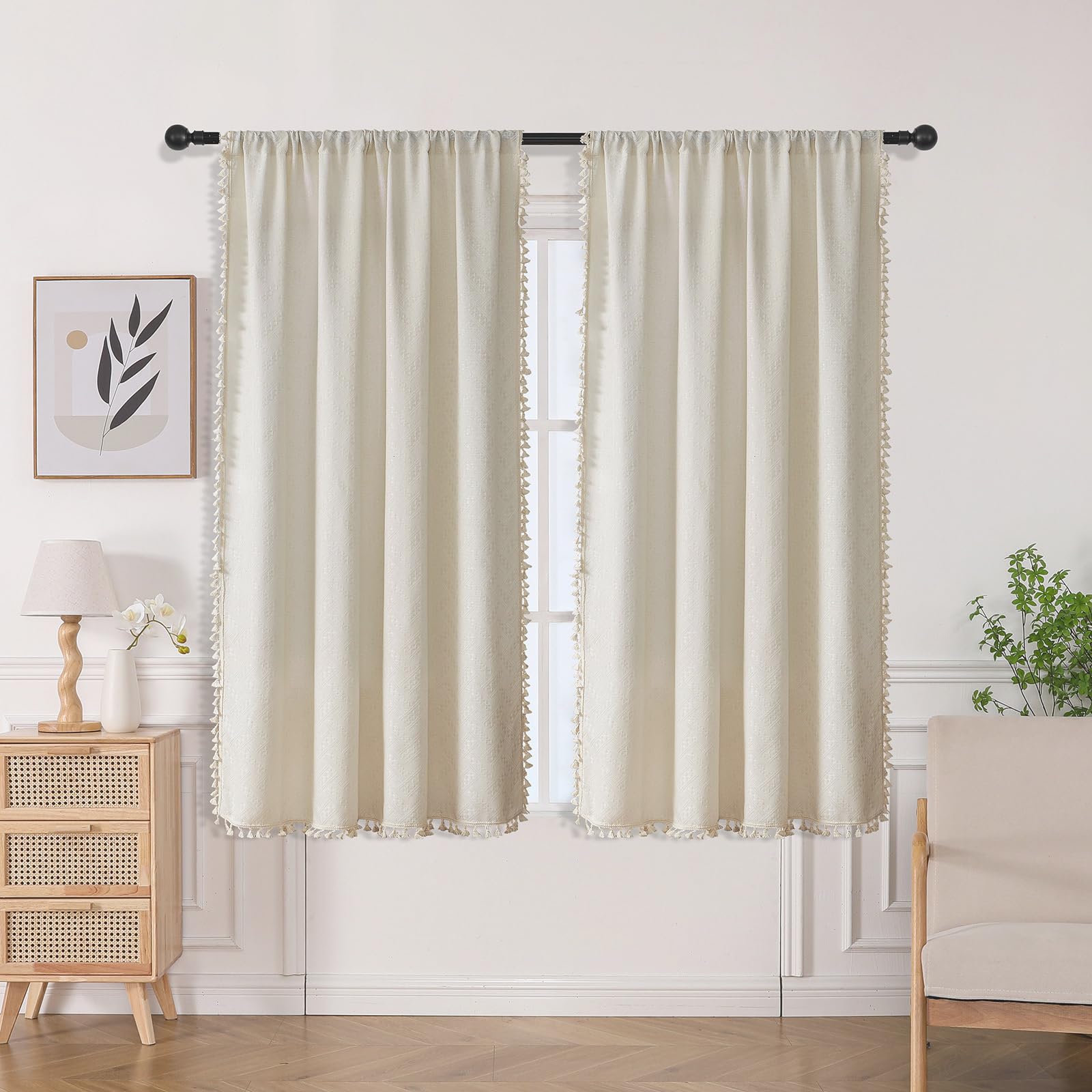 Joydeco Beige Boho Curtains 63 Inch Length 2 Panels, Super Soft Bohemian Farmhouse Curtains with Tassels, Semi Sheer Light Filtering Drapes for Bedroom Living Room (Rod Pocket, 52Wx63L)