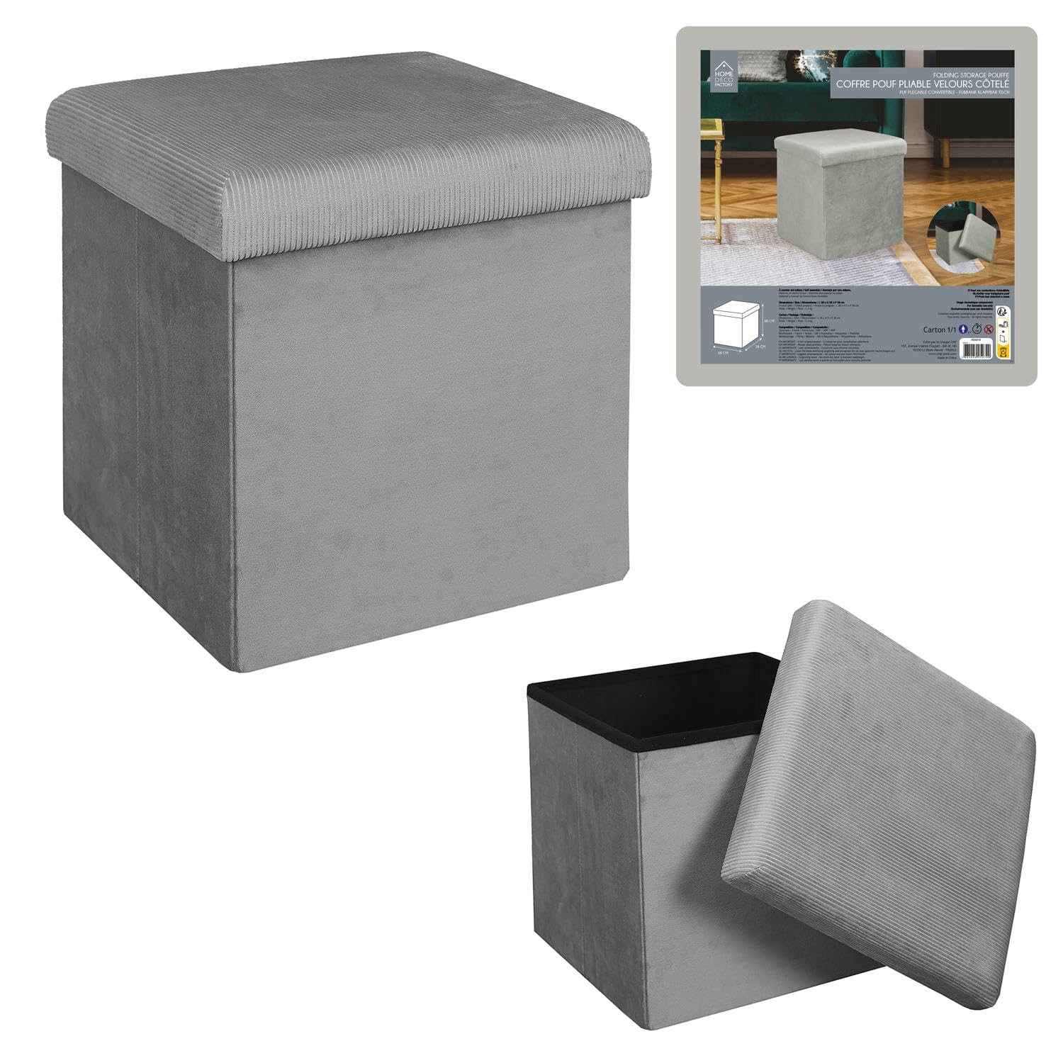 Home Deco Factory HD6810 - Cassapanca Pieghevole, salvaspazio, in Velluto, in Poliestere, Legno, MDF, Grigio, 38 x 38 x 38 cm