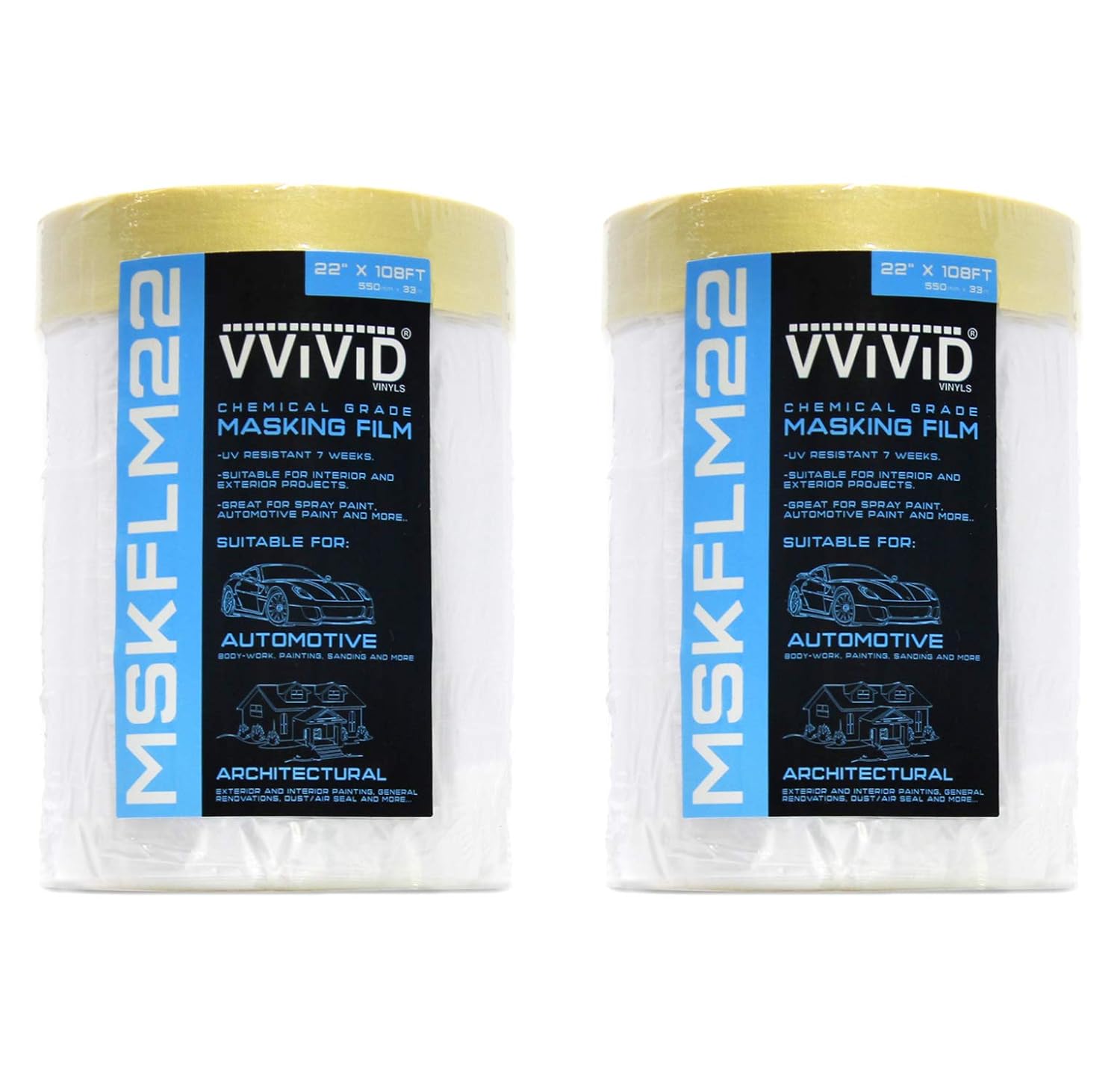 VViViD Chemical Grade Heavy-Duty Self-Adhesive Tape and Drape Masking Film Plastic Drop Cloth (2 Pack (22" x 108ft))