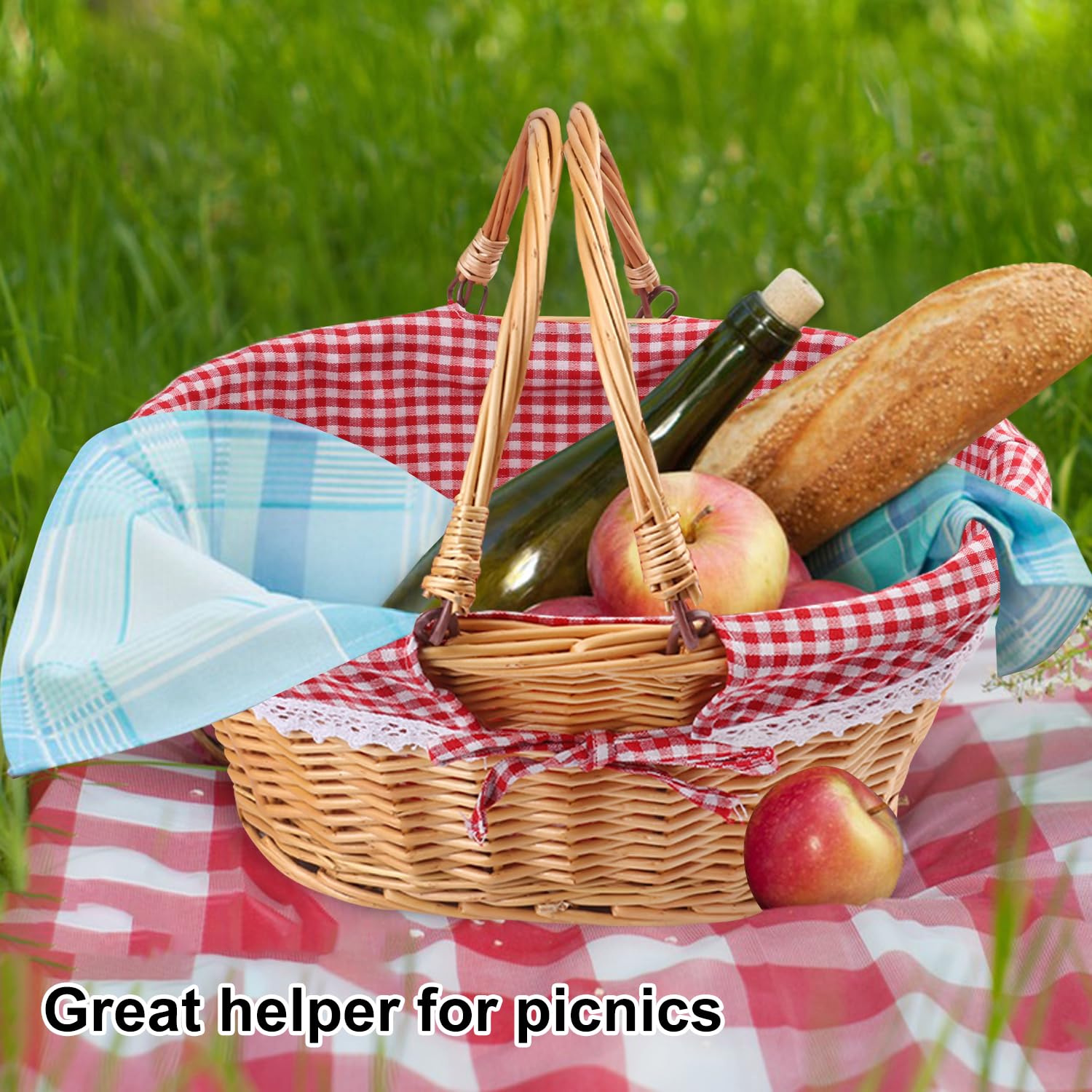 GNIEMCKIN 1 cestino in vimini da 35,5 cm con manico, cestino da picnic in vimini con fodera a scacchi, cestino ovale in vimini intrecciato per frutta, vino, matrimoni, picnic
