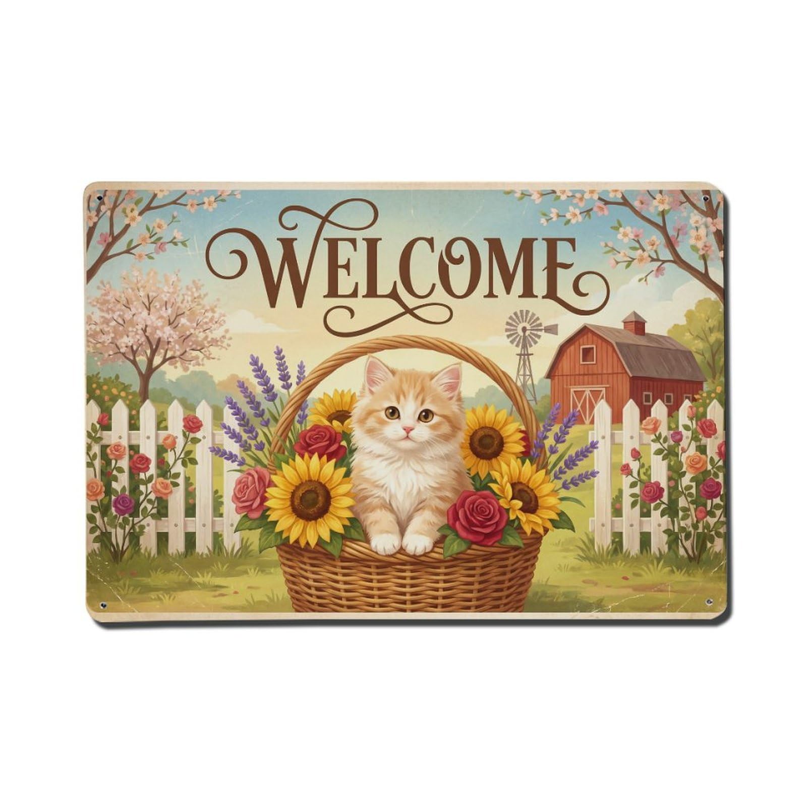 Vintage Welcome Kitten Flower Basket Metal Tin Sign