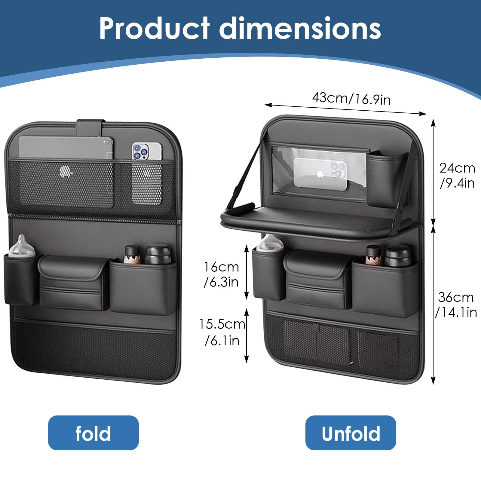 Organizer Auto Sedile con Vassoio da Tavolo Pieghevole, Posteriore Protezione Proteggi Sedile Auto Accessori, Organizer Macchina con Tasche Multiple, Impermeabile, Nero, 61x42 cm