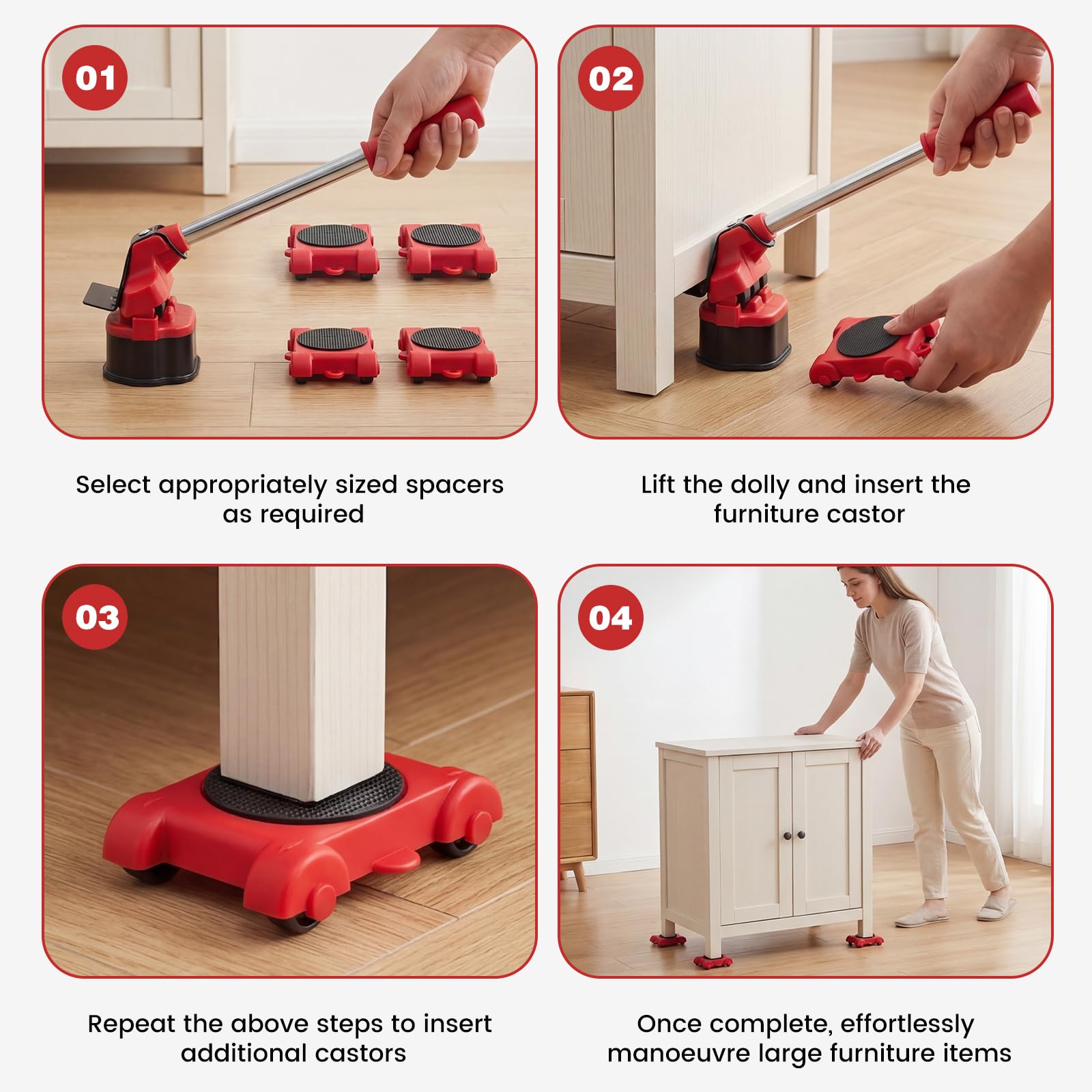 Soulever Meuble Lourd Kit, Leve Meuble avec Lève-Charge et 4 Roues Pivotantes, Kit de Deplace Meuble a Roulette pour Déménagement Meubles Lourds, Armoire, Réfrigérateur, Canapé