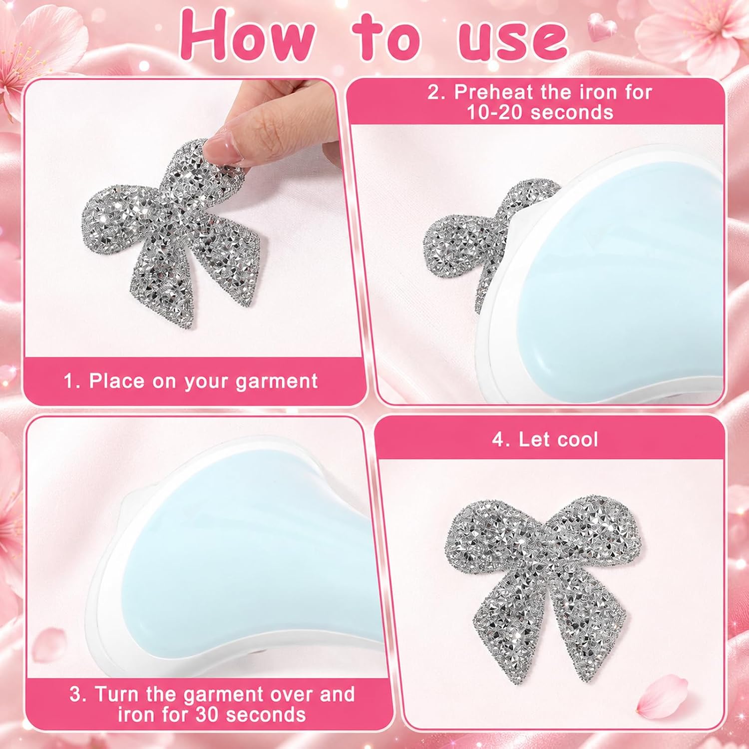 6PCS Bow Rhinestone Patches, Glitter Bowknot Applique, Silver Self-Adhesive | Glitter Silver Bow Shape Hot Glue Iron On Patches, Bow Iron On Patch, Self-Adhesive Patches for DIY Crafts, Clothes, Bags