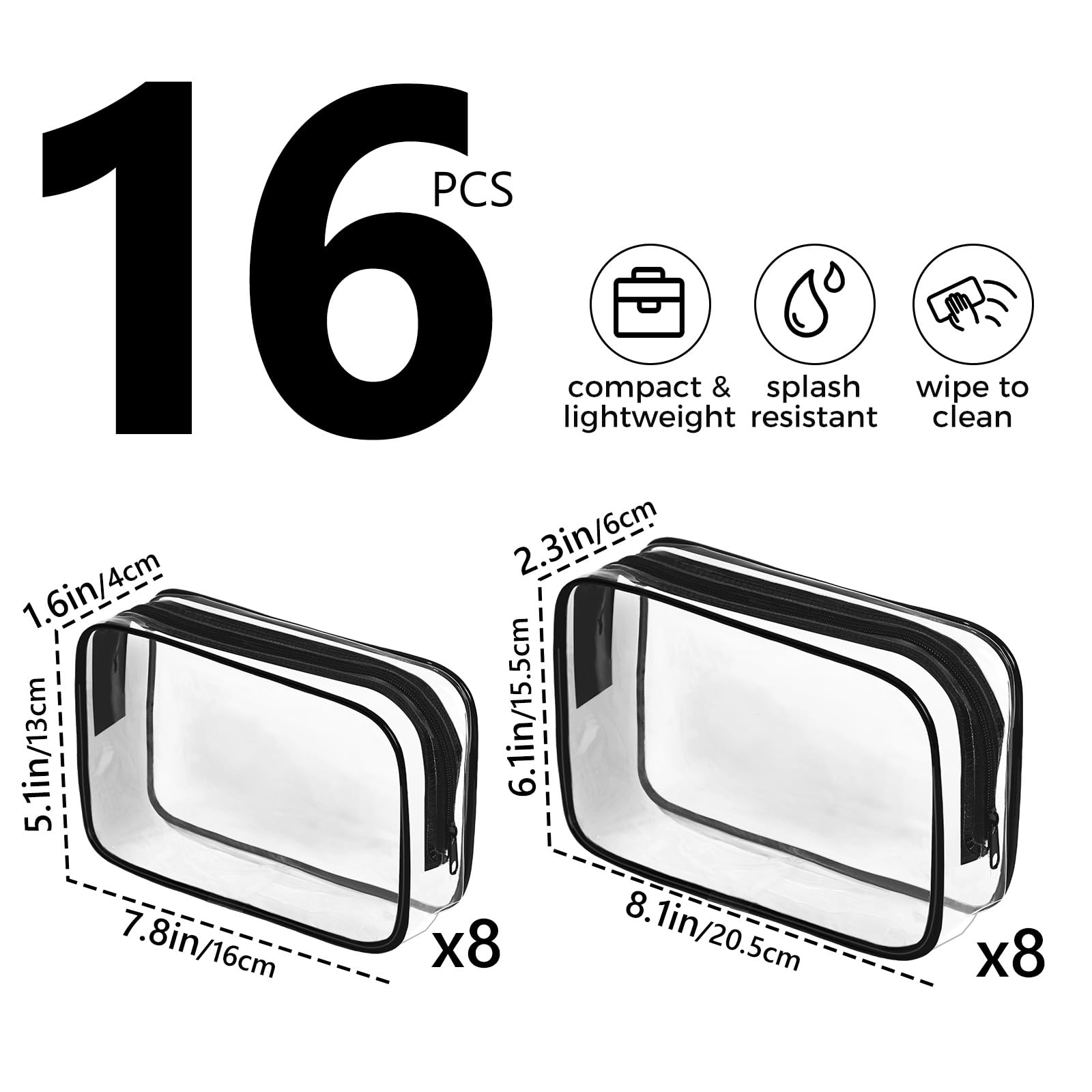 AURUZA Trousse de maquillage transparente – Trousse de toilette approuvée par la TSA pour articles de toilette de voyage, noir, 16 Pack