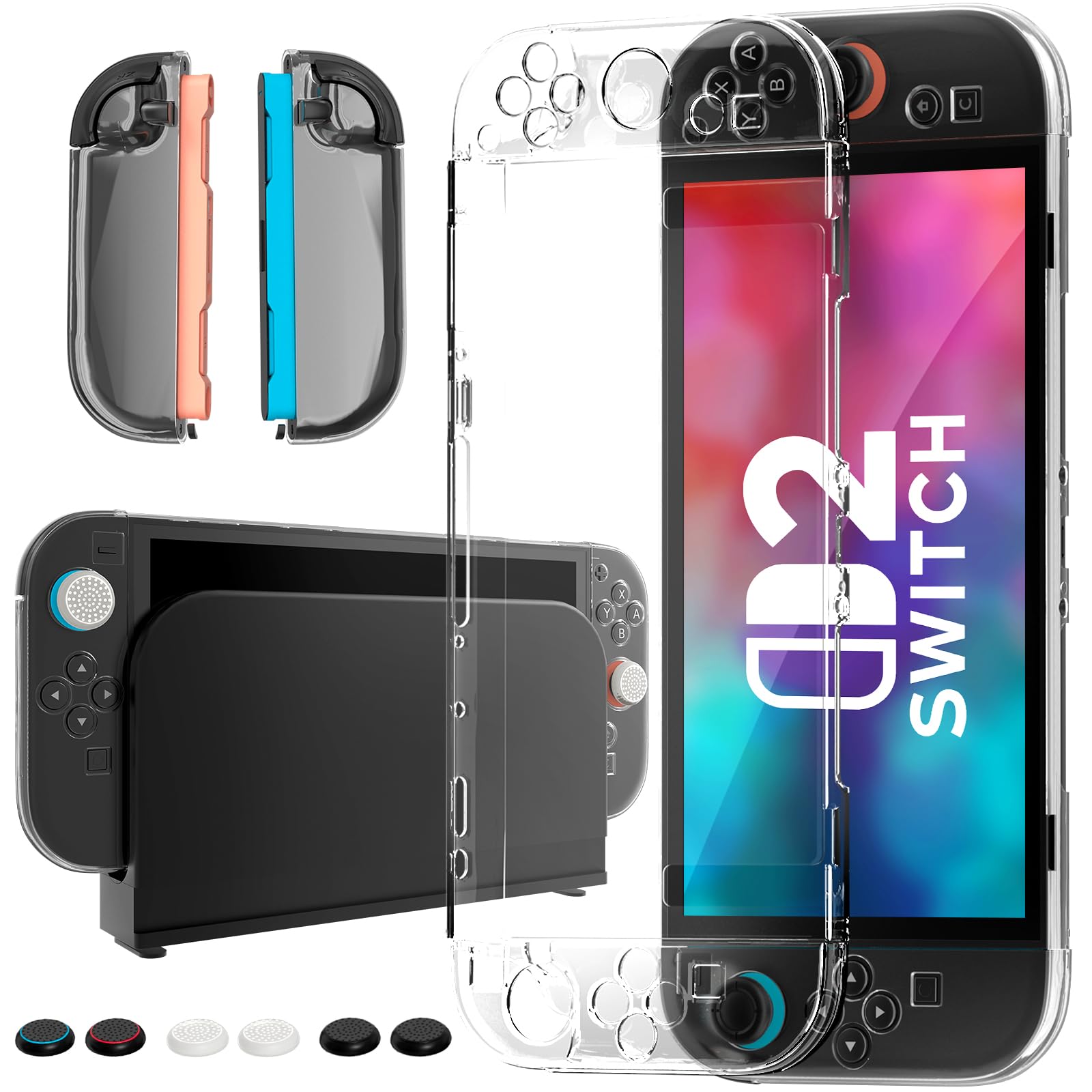 Tixlux Dockable Hülle für Nintendo Switch 2 (2025), Transparente PC Schutzhülle, Joy-Con Cover & 6 Daumengriffe, Stoßfest