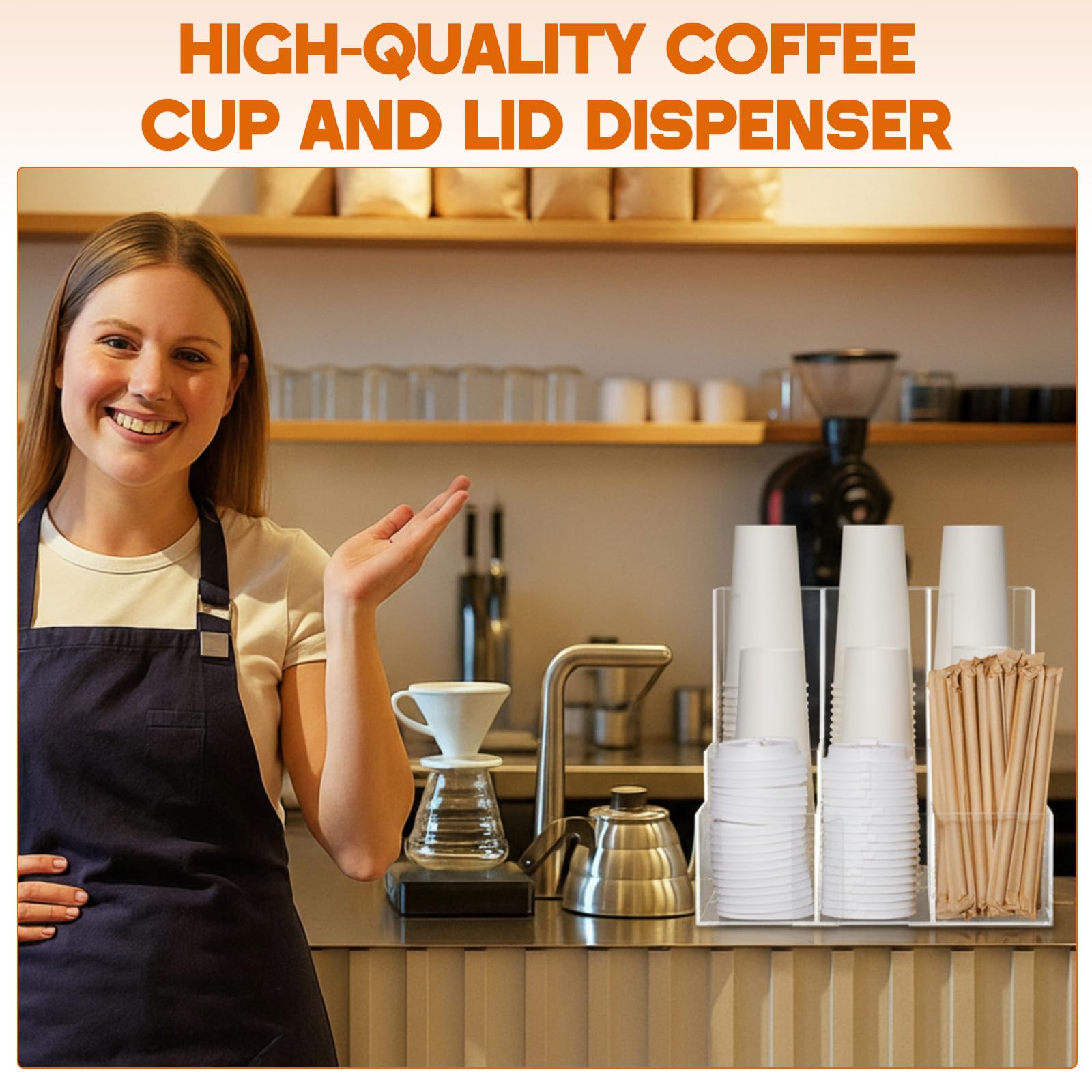 CroBlissful Dispenser verticale in acrilico per tazze da caffè e coperchio, organizer per condimenti di caffè, 9 scomparti per bicchieri di carta e plastica usa e getta, per bancone di casa, 33 x 33 x