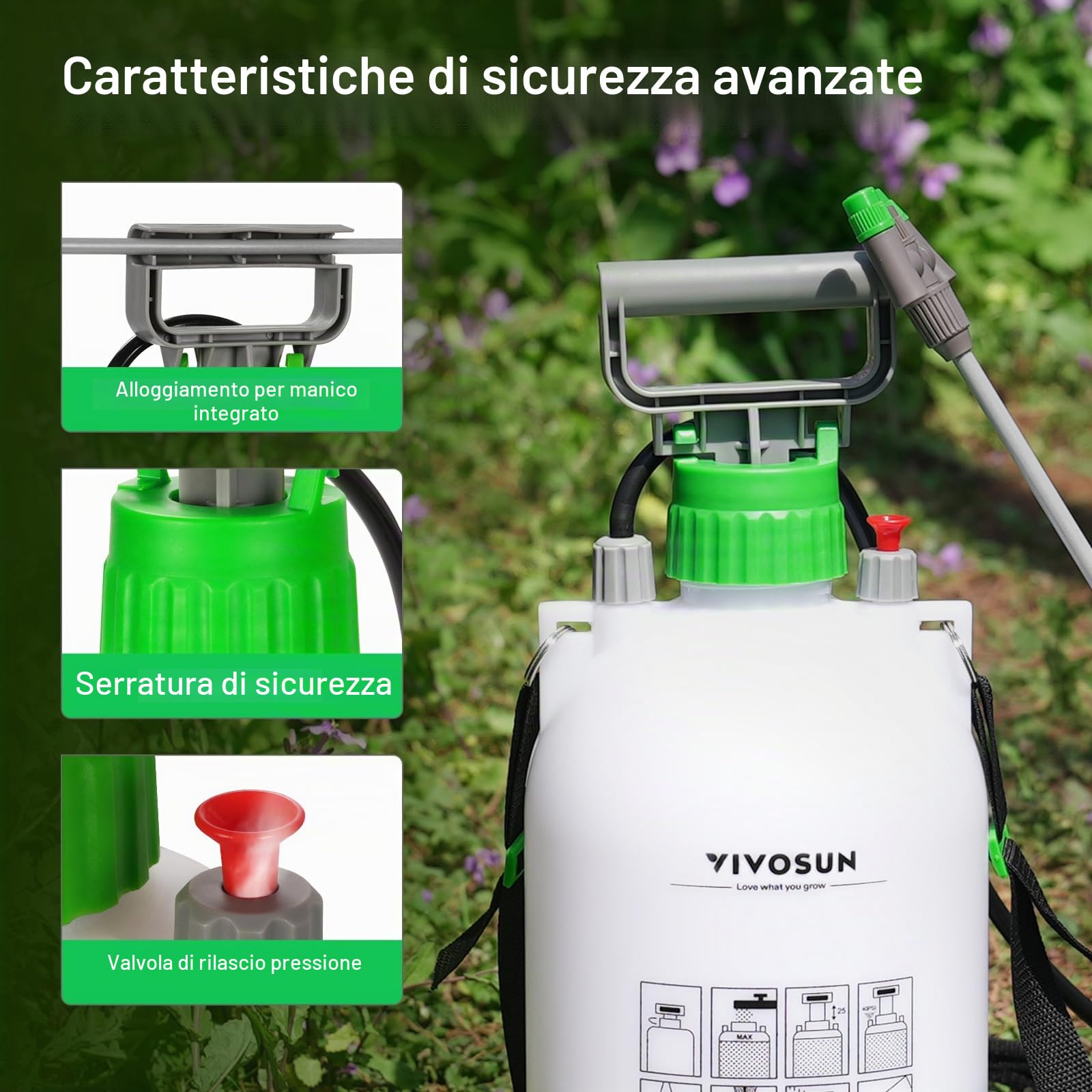 VIVOSUN Spruzzatore a pressione con pompa da 1,3 galloni, bottiglia d'acqua pressurizzata da 5 litri per prato e giardino con 3 ugelli d'acqua, tracolla regolabile, valvola di sicurezza