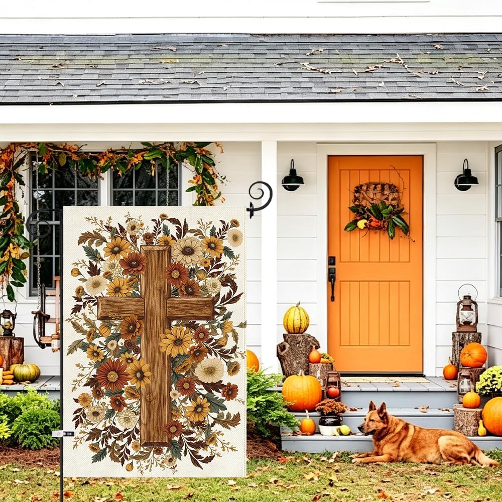 Baccessor Fall Garden Flag 12.5 x 18 Inch, Cross Floral Flowers Double Sided Burlap Welcome Small Yard Flag Autumn Thanksgiving Holiday Lawn Proch Outdoor Outside Decor