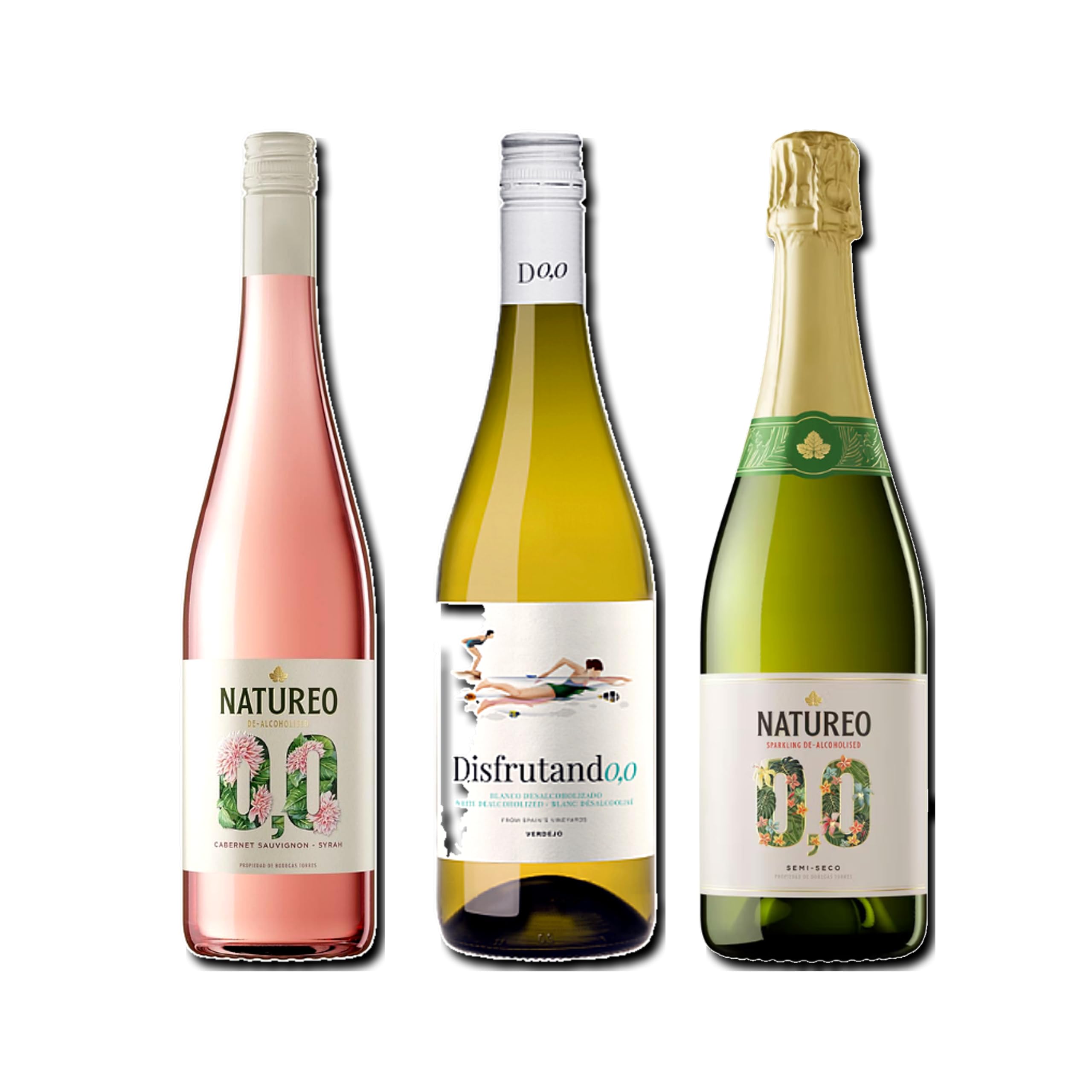 vino sin alcohol 0,0 Natureo Rosado, Disfrutando 0,0 Blanco y Natureo Sparking 0,0 pack de 3 botellas 75cl