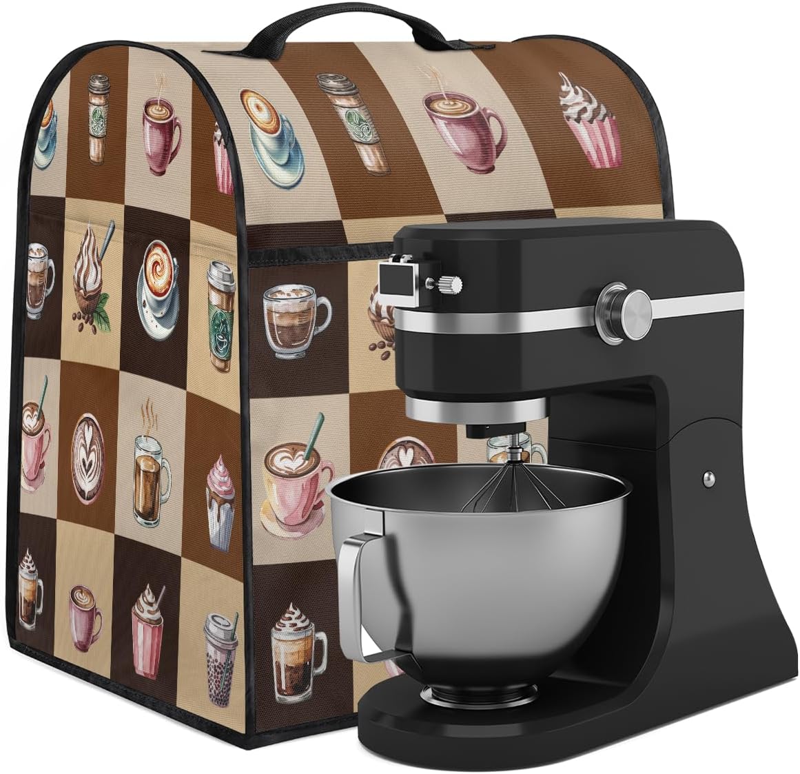 Coffee Cup Kitchen Aid Covers Foldable Washable Stand Mixer Dust Cover | Modern 6-8 Quart Stand Mixer with Top Handle and Zipper Pocket for Kitchen Aid Appliance Accessories Gift