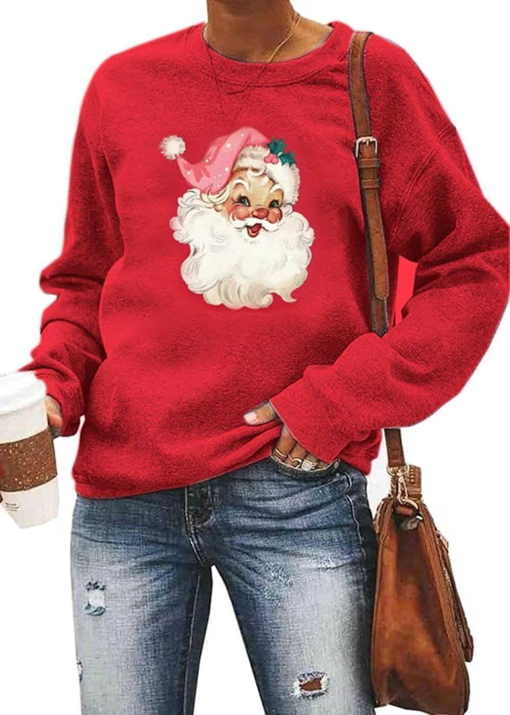 VKEGNIO Womens Christmas Sweatshirts Retro Cheerful Santa Graphic Sweatshirt Crewneck Long Sleeve Tshirts Fall Pullover Top