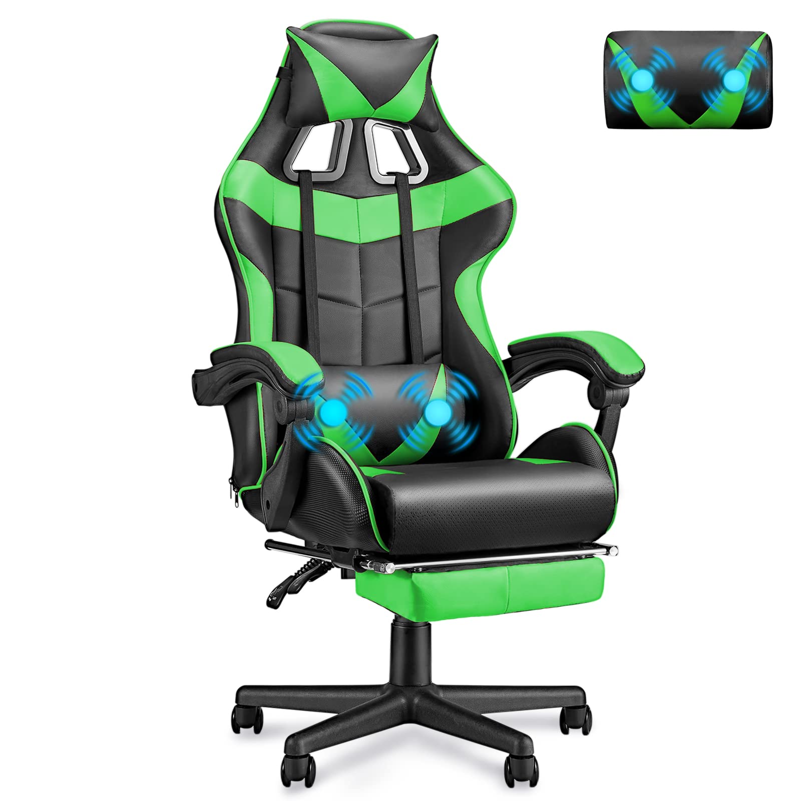 Soontrans Silla Gaming con Masajeador, Silla Gamer con Reposapiés Reposacabeza, Ergonómica, Cojín Lumbar de Masaje, Sillas Gaming para Gaming Livesteam Youtube Playstation (Verde)