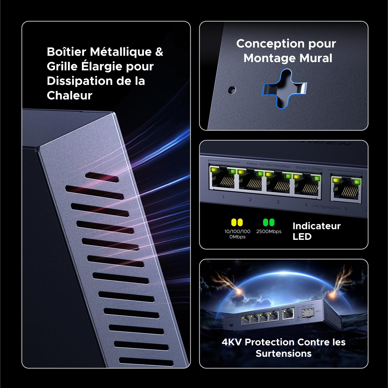 UGREEN Switch Ethernet 6 Ports 2.5G 1 Port SFP+ 10G RJ45 Métal Non Géré 4KV Montage Mural