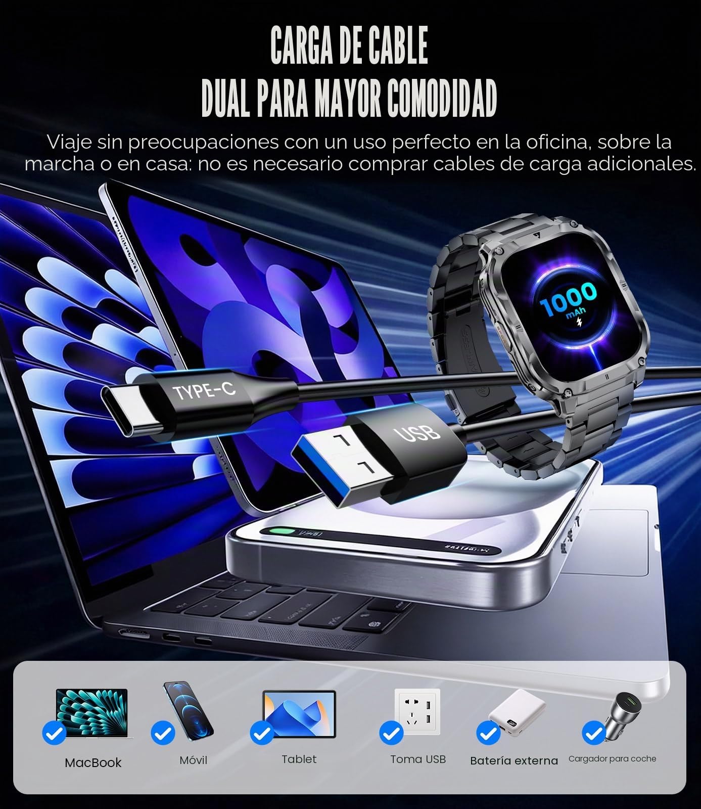 Reloj Inteligente Hombre con LED Linterna, 1000mAh/IP68 Impermeable/2.0" HD Militar Smartwatch con Llamadas, 100+ Modos Deportivos/24H Pulsómetro/Sueño Pulsera Actividad Android iOS, Negro-Naranja