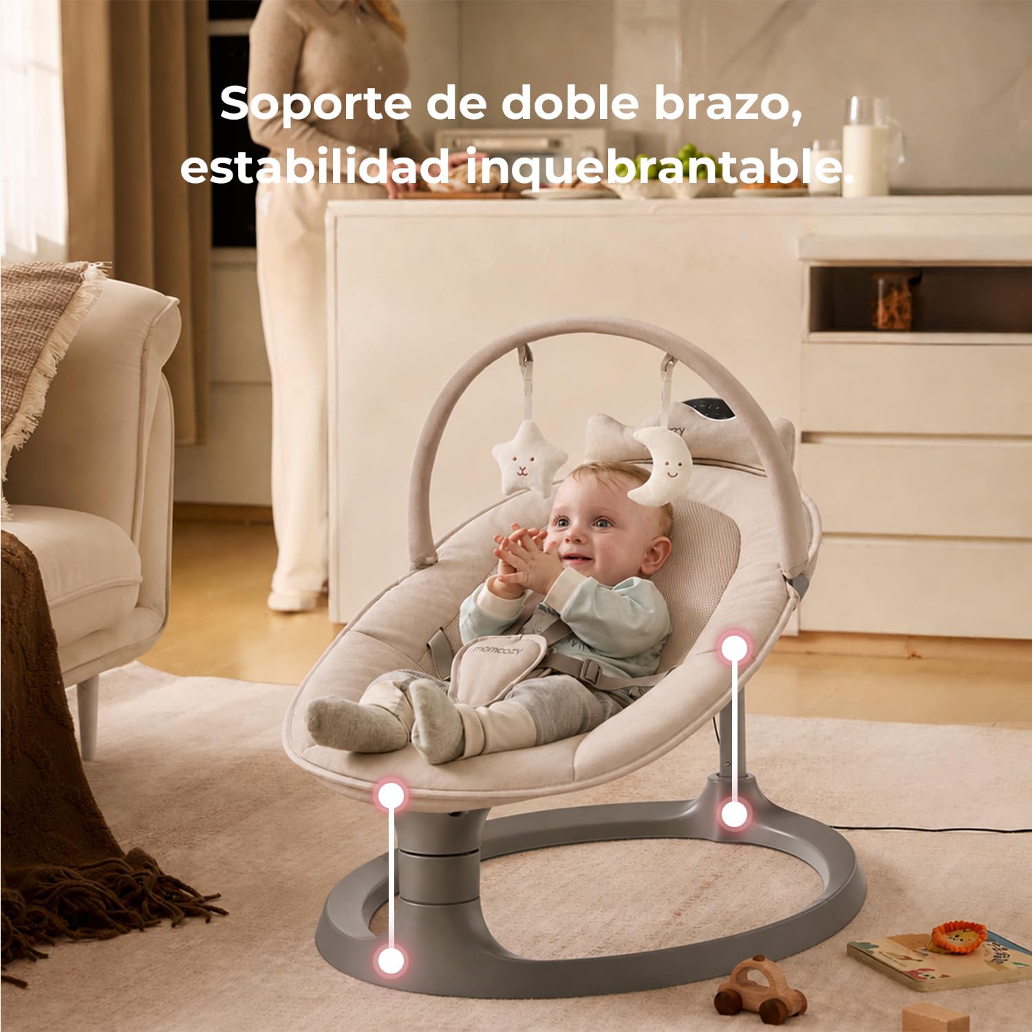 Momcozy 2 en 1 Hamaca Bebe Electrica, con Soporte de Doble Brazo, 4 Modos y 4 Velocidades de Balanceo, Mecedora Bebe Electrica Convertible en Asiento Fijo de hasta 30kg, 2 Posiciones de Reclinación