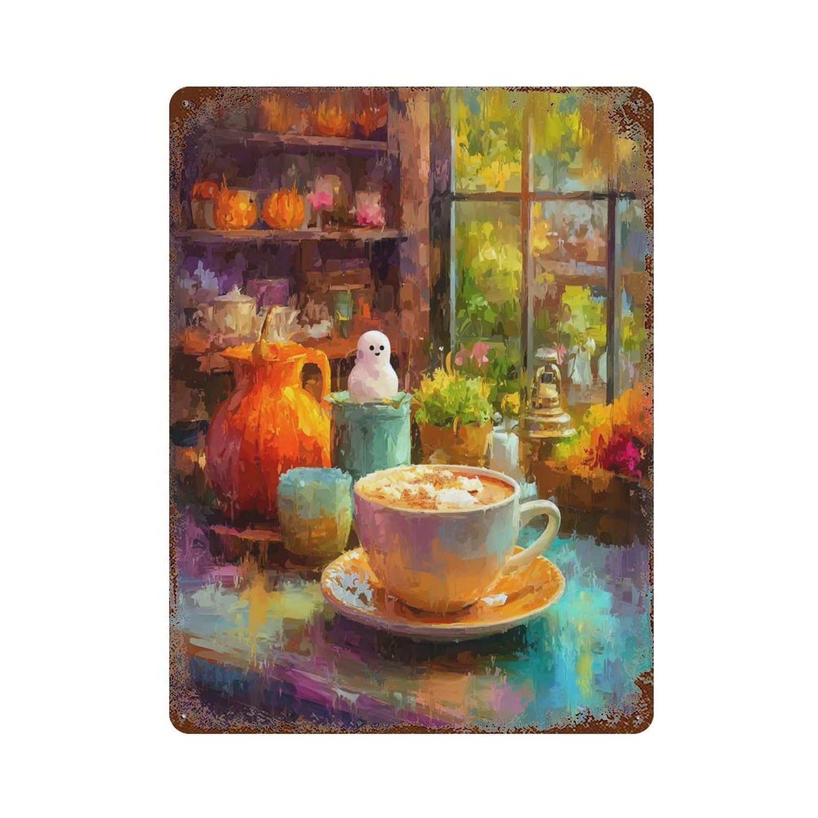 Autumn Cozy Coffee Scene Rustic Tin Plaque 15.7"x11.8", Rustic Home Decor for Office, Studio And Wall Decor