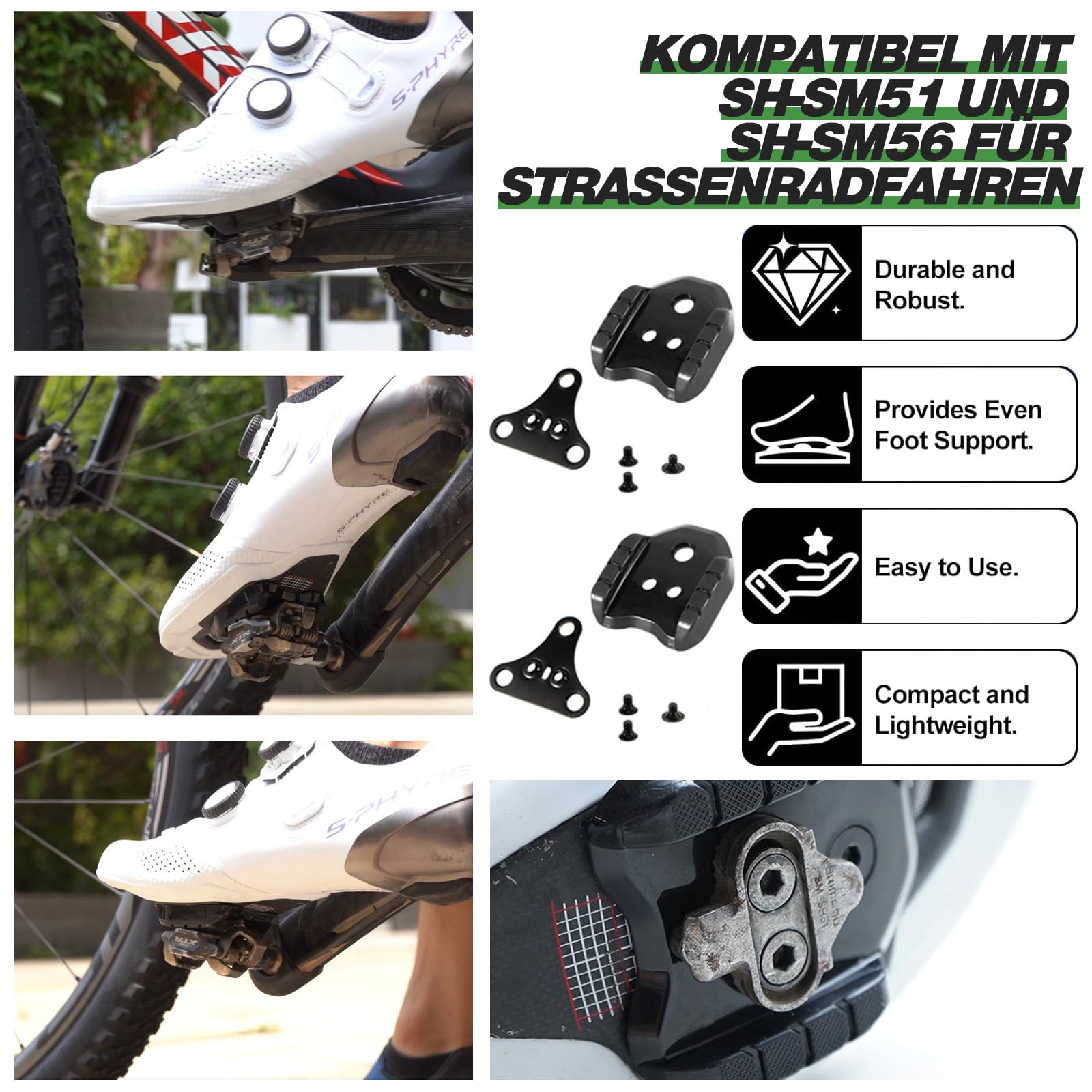 Kompatibel mit Shimano SPD Plattenadapter - SM-SH41 Fahrrad Schuh Cleats für Rennrad MTB Pedale 3 Loch Platten Fahrradpedal Adapter Stollen Konverter, Schwarz Road Cleats Fahrradzubehör Set