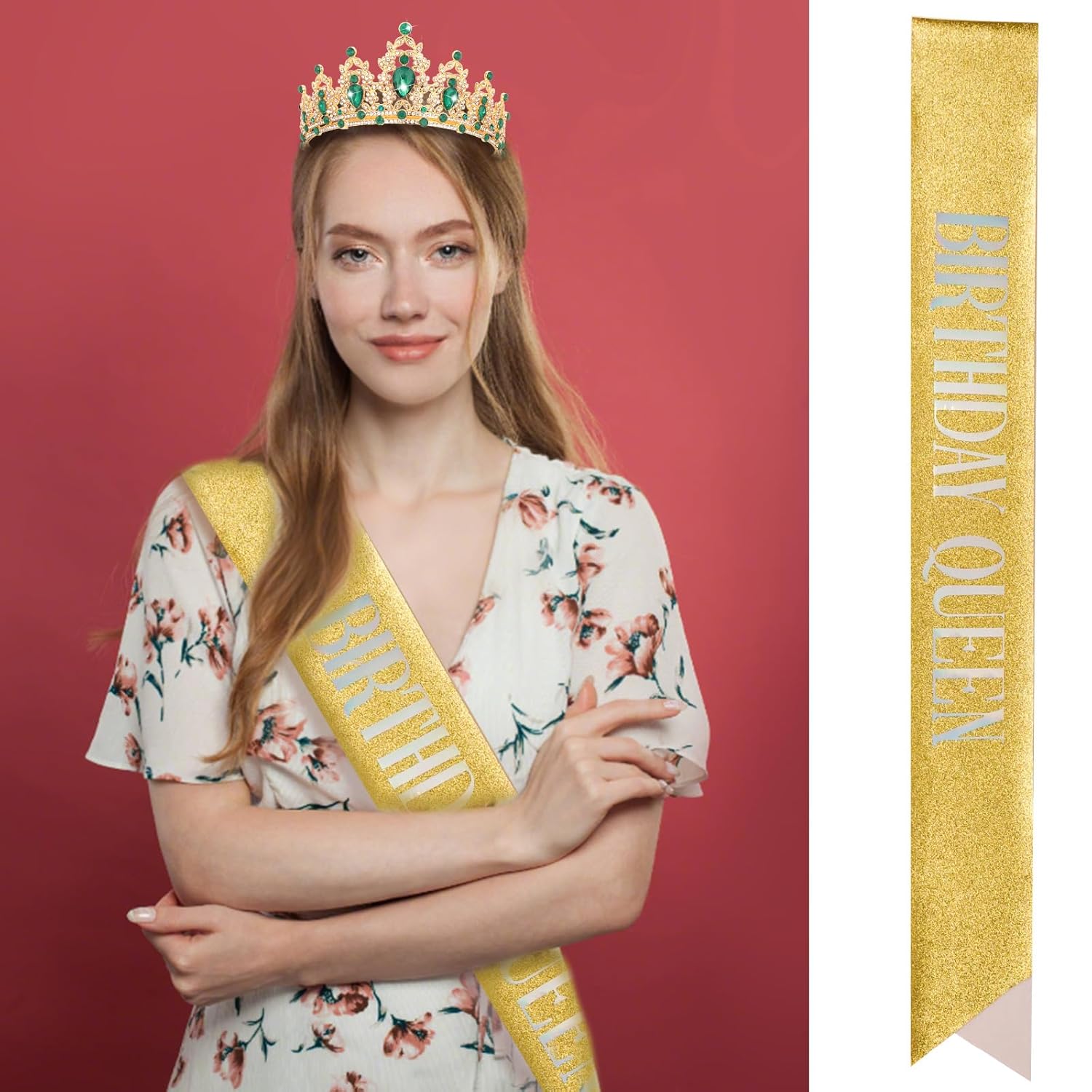CAVETEE Birthday Tiara and Sash for Women,Birthday Queen Crown and Sash Green and Gold Party Decorations for Party Prom - Image 7