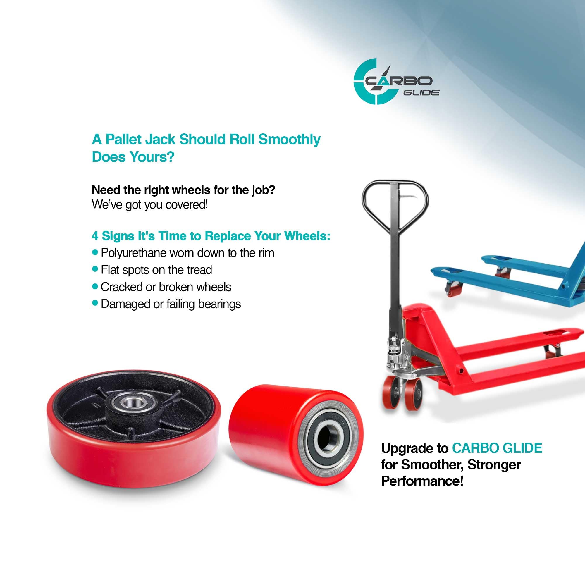 Pallet Jack/Truck FULL SET RED with Axles, Steering Wheels 7"x 2" Pair, Front Load Roller 3" x 3.75" Pair with Bearings ID 20mm Poly Tread Red, Entry Exit Roller and Protective Caps — Amazon image 6