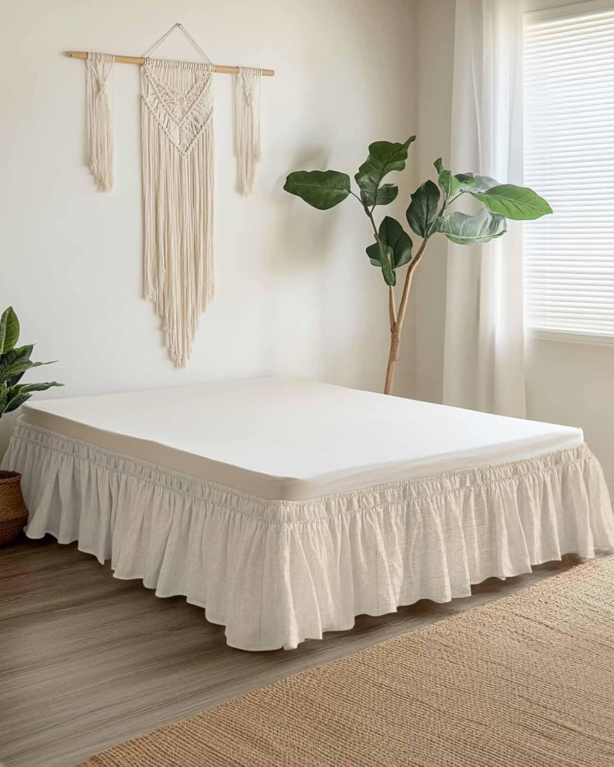 Bed Skirt Beige Linen Texture Bedskirt 16 Inch Drop Farmhouse Solid Color Adjustable Elastic Wrap Around Bed Skirts Dust Ruffle for Queen Size Bed Frame Cover