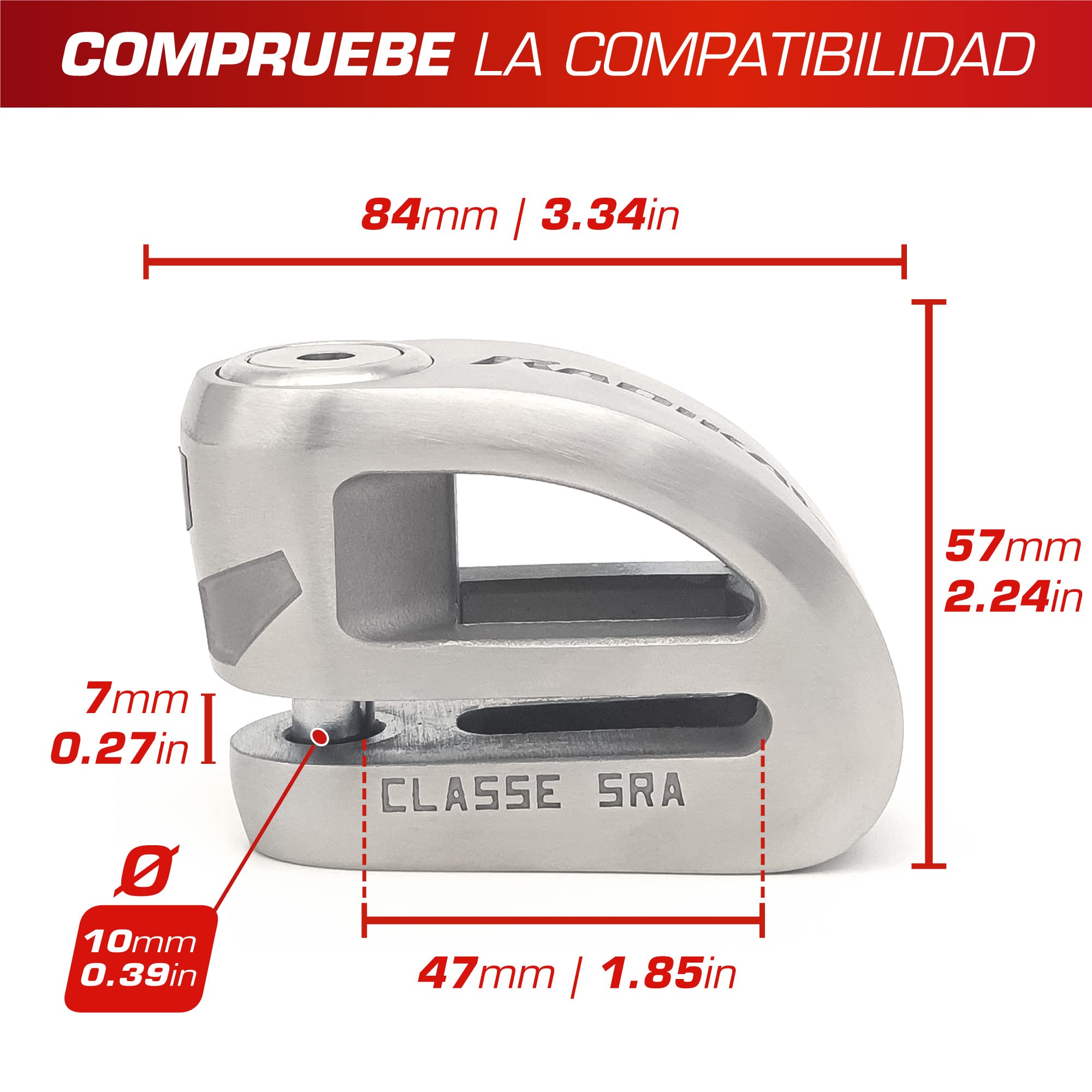RADIKAL RK310S Candado Moto Premium, Antirrobo Disco Homologado SRA, Testado Doble Bloqueo ø10mm, Exclusivo Diseño Doble Puente, Cerradura Alta Seguridad, Acero Inoxidable, Cepo Pinza Motos y Scooter