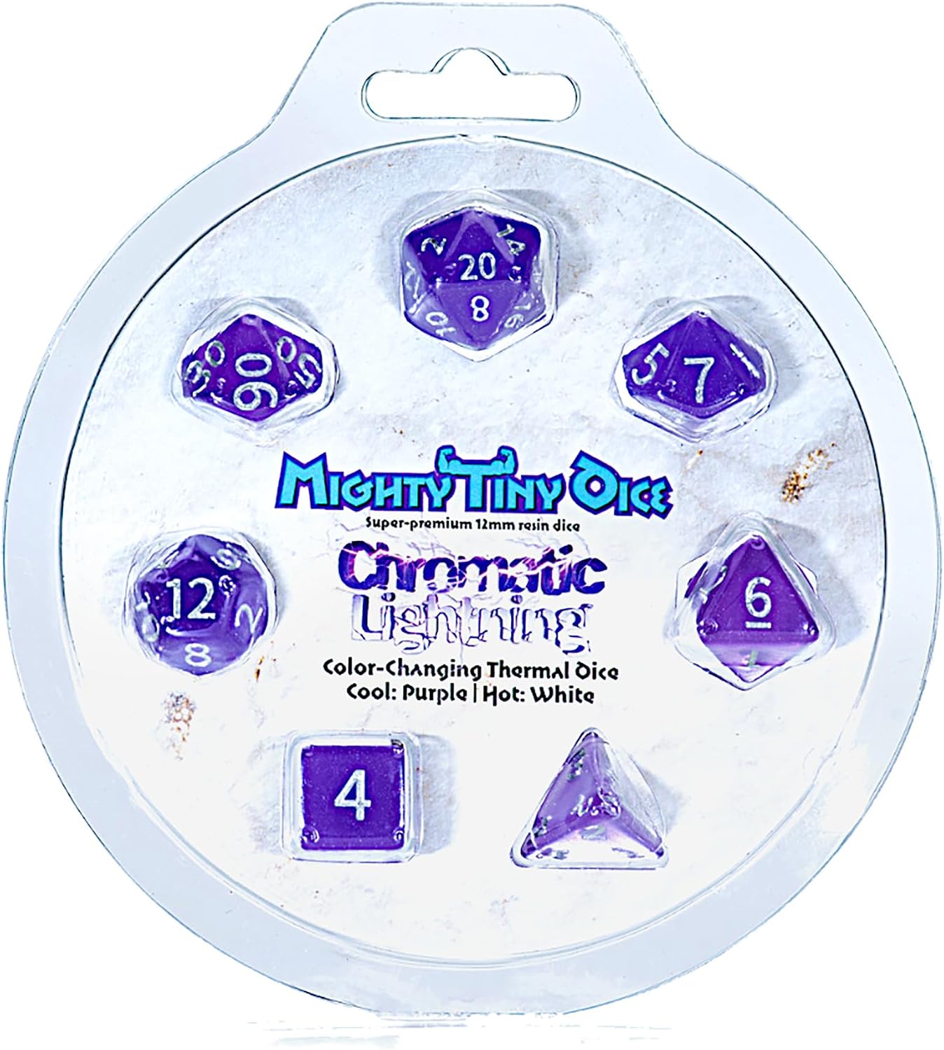 Gate Keeper Games & Dice: Mighty Tiny Dice: Chromatic Lightning - 7 pc - RPG Dice Set Thermal Color Changing, 12mm Resin, Change Color Purple to White